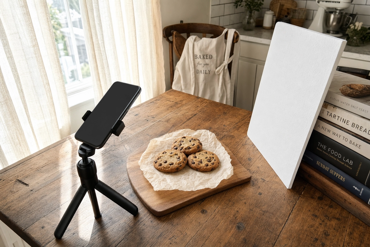 Phone food photography setup with window light, white foam reflector, and tripod for cookie shots