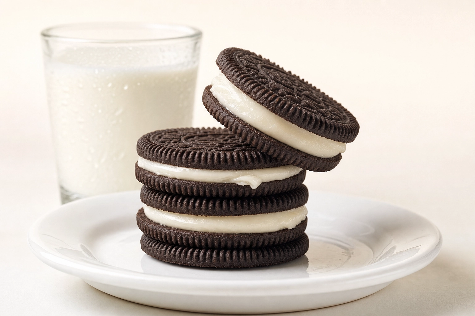 Stack of chocolate sandwich cookies with one twisted open showing vanilla buttercream filling cross-section