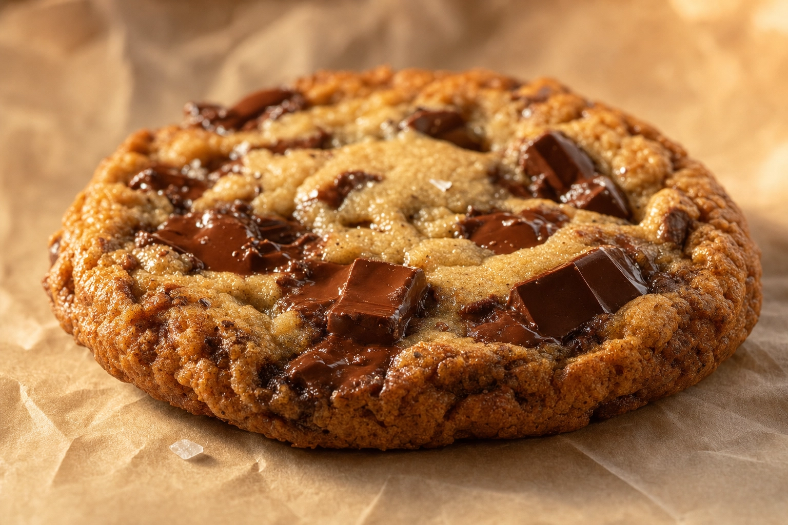 Single chocolate chip cookie shot at 45 degrees with melty chocolate and side light revealing texture