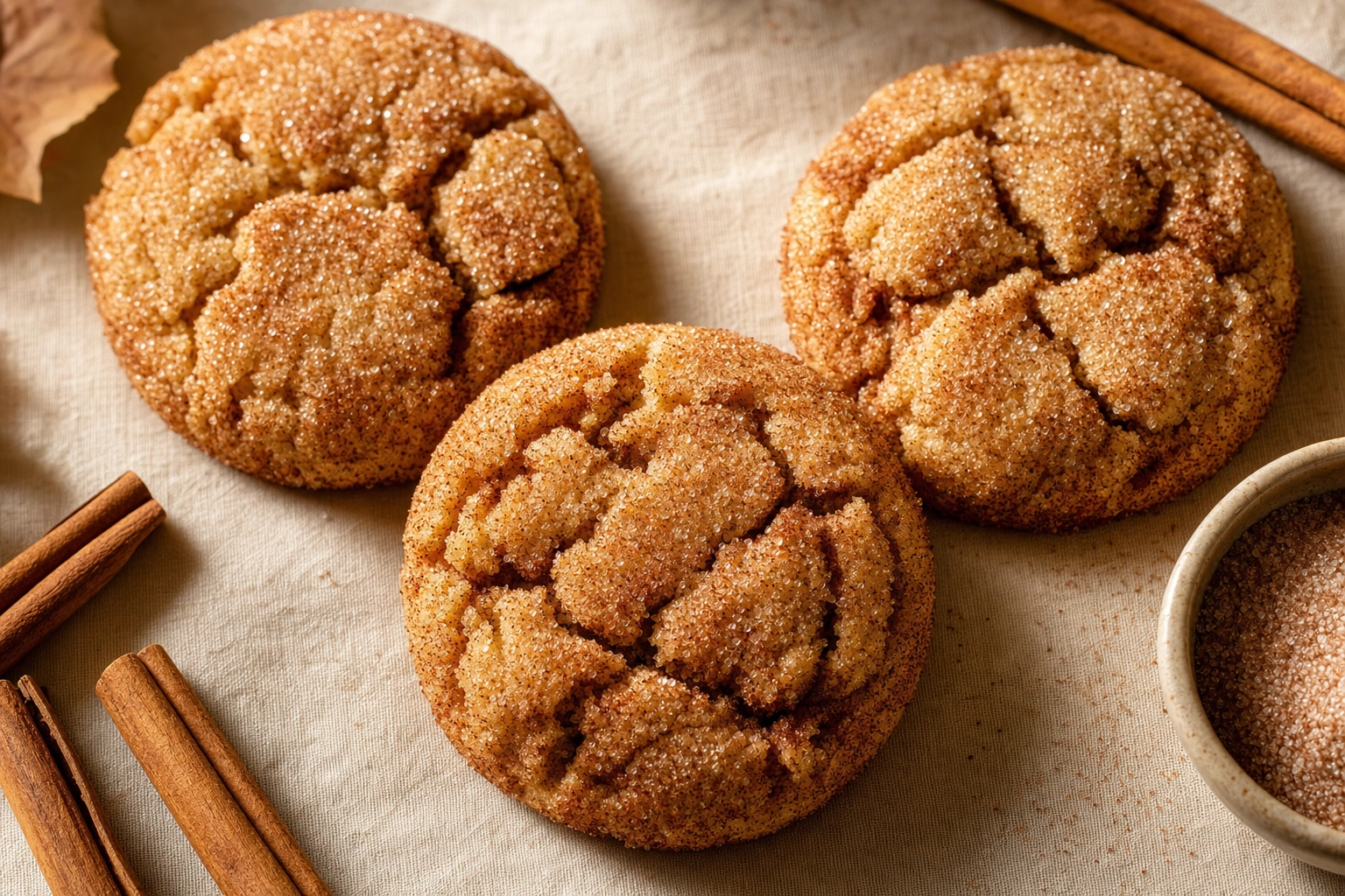 Three snickerdoodle cookies overhead showing cinnamon-sugar crackle pattern in raking warm side light