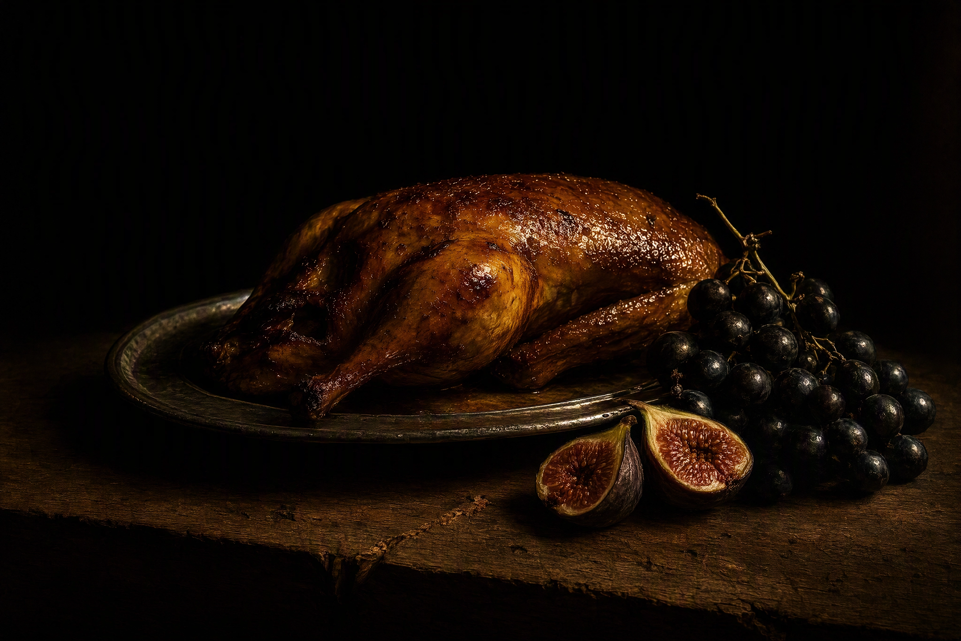 Chiaroscuro food photography: a roast duck lit by a single shaft of light against a black background in Baroque style