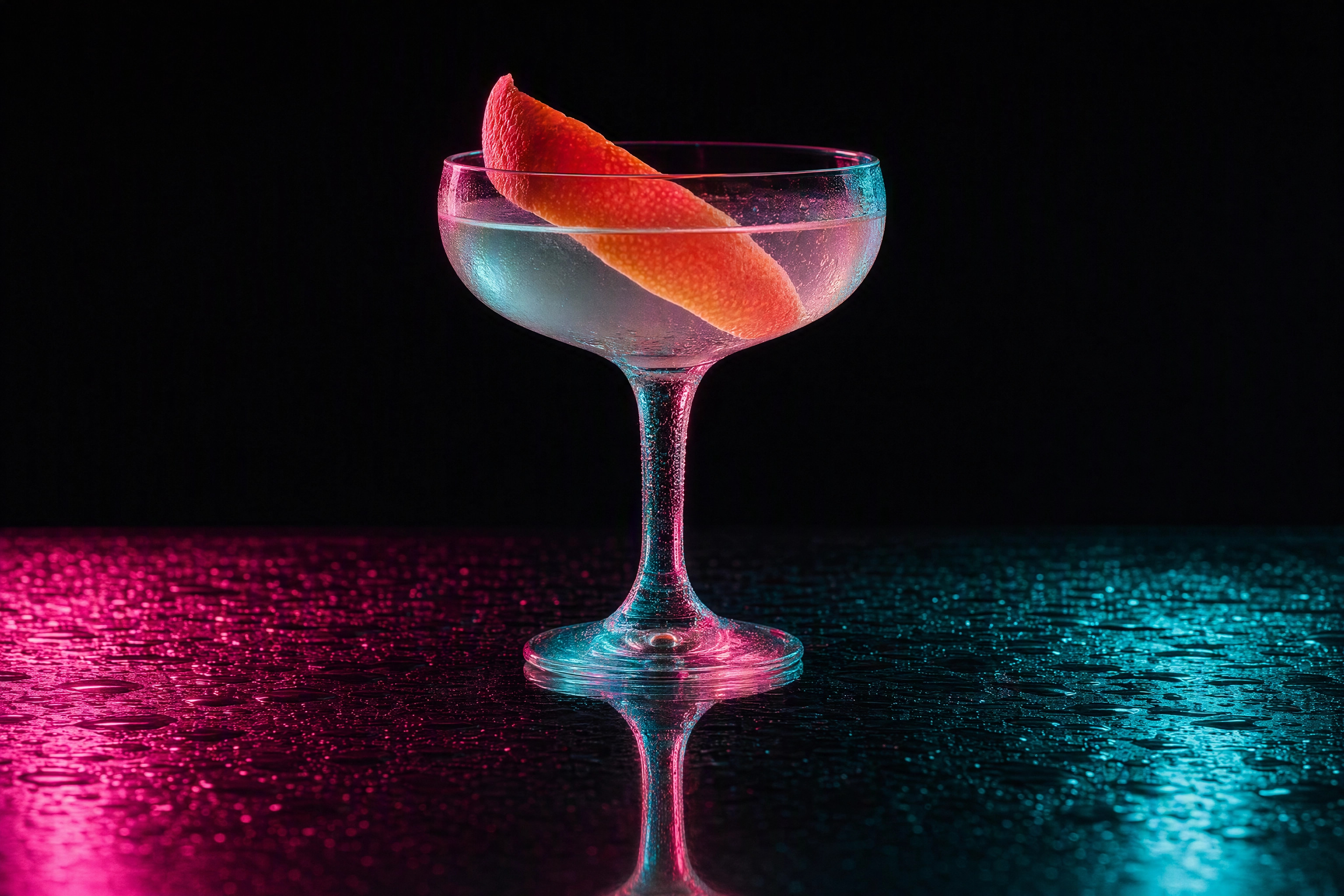 Gel lighting food photography: a cocktail lit by split magenta and teal gels on a reflective black bar top