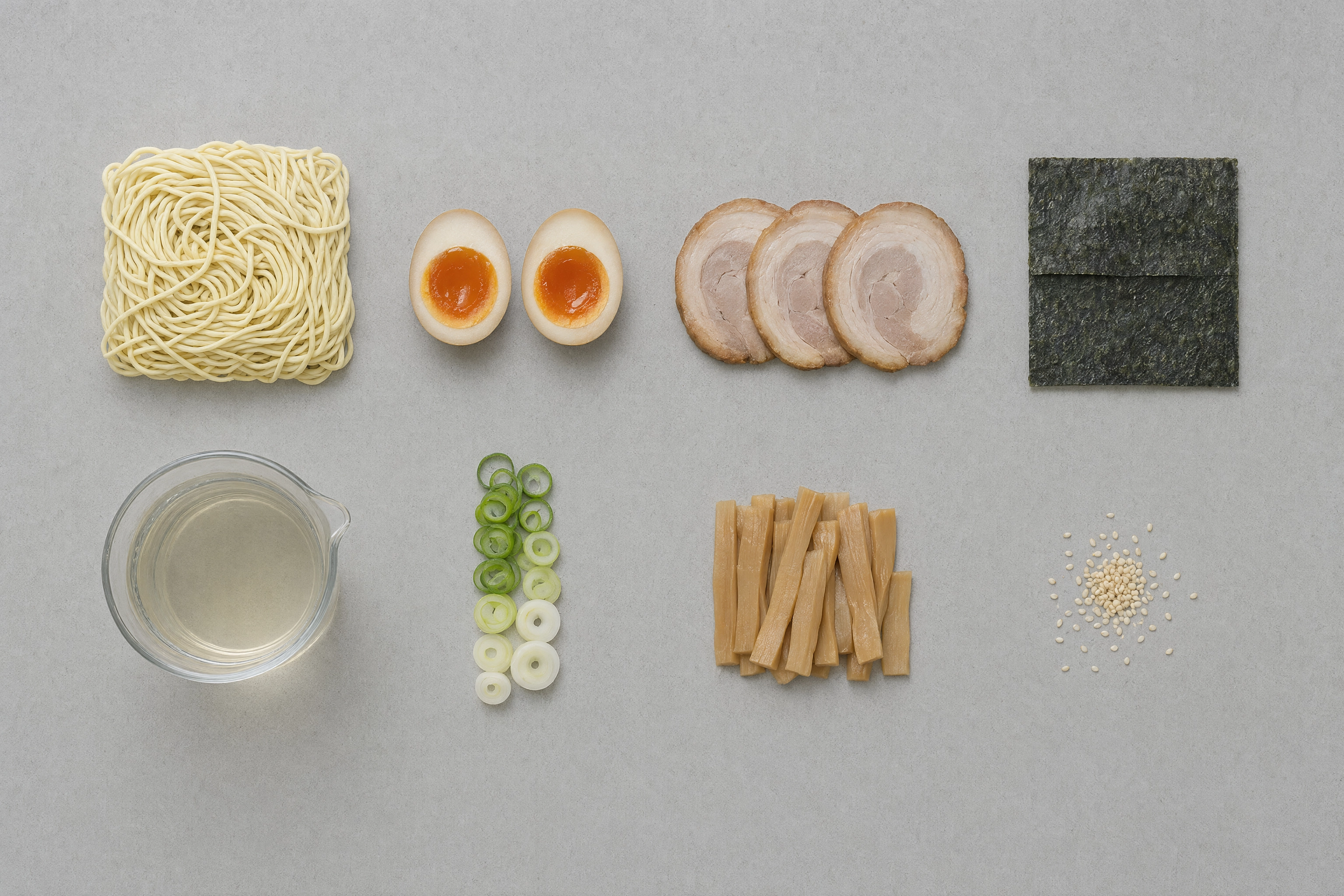 Knolling food photography: every component of a ramen bowl aligned in a right-angle grid on pale grey concrete