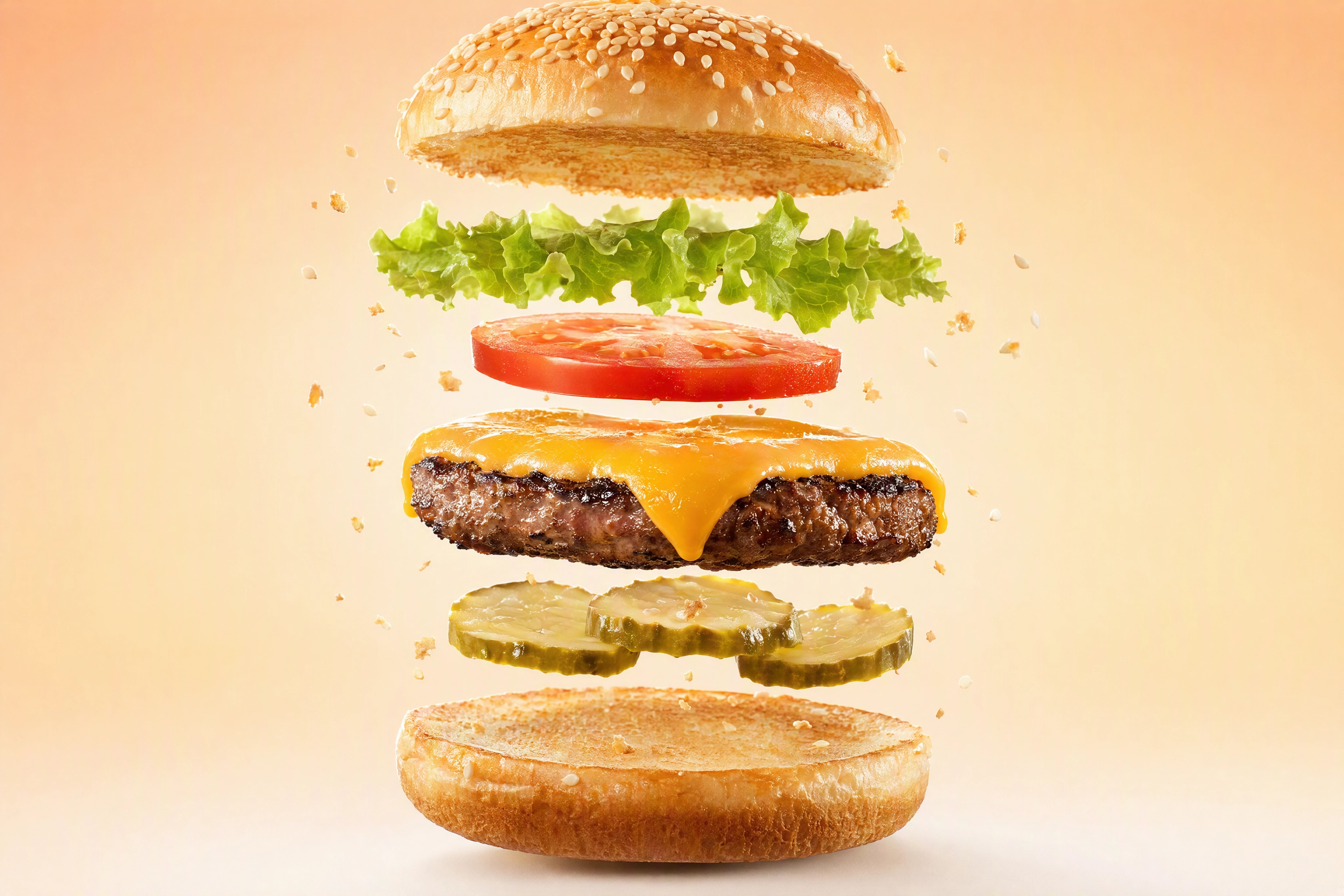 Levitation food photography: a deconstructed cheeseburger with every layer suspended in mid-air on a peach backdrop
