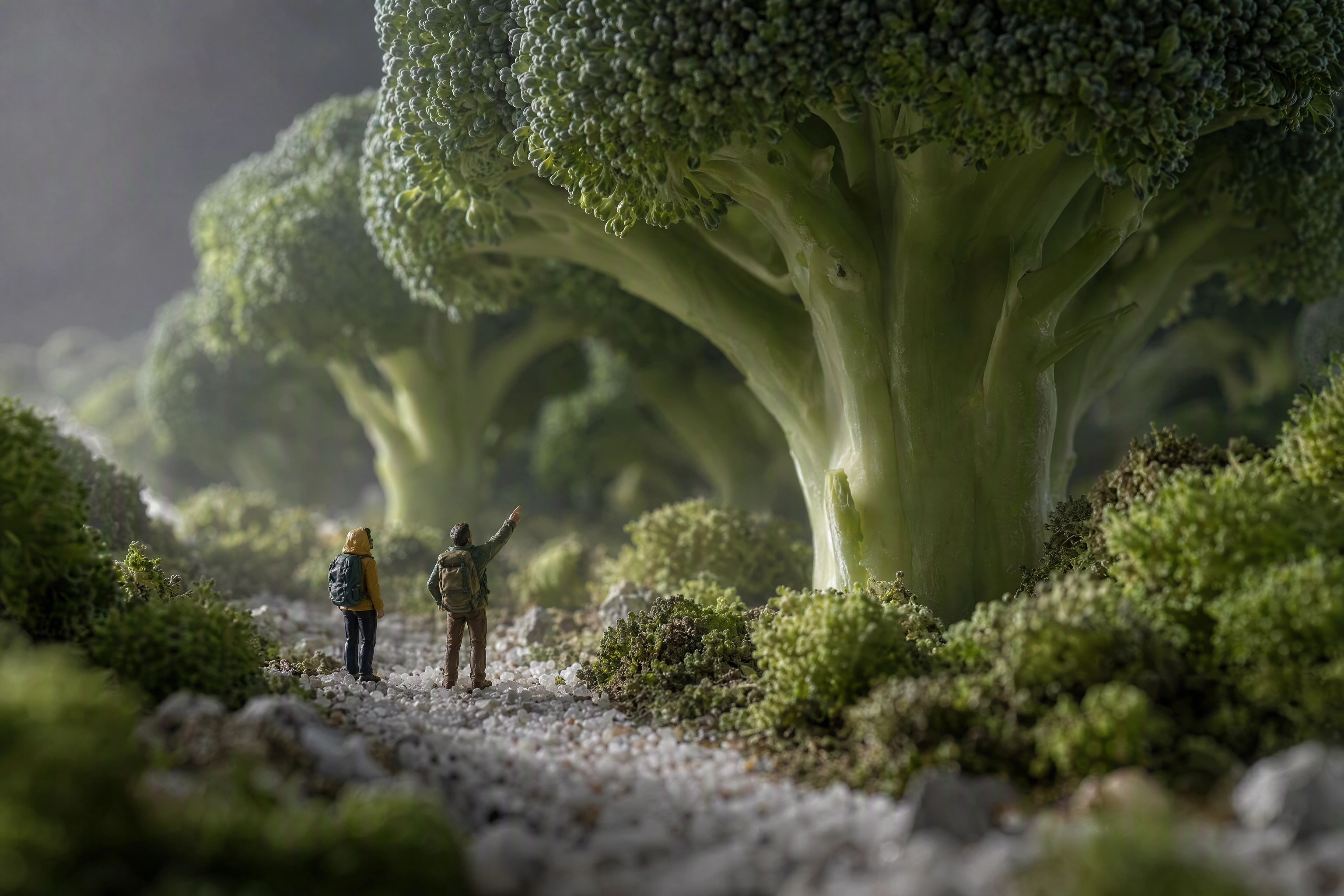 Scale play food photography with tiny model hikers standing beneath a broccoli floret photographed as a forest