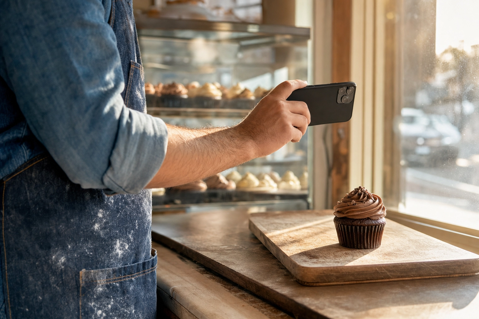 Baker che scatta una foto con una mano sola allo smartphone a un cupcake vicino alla finestra della pasticceria con la vetrina espositiva sullo sfondo