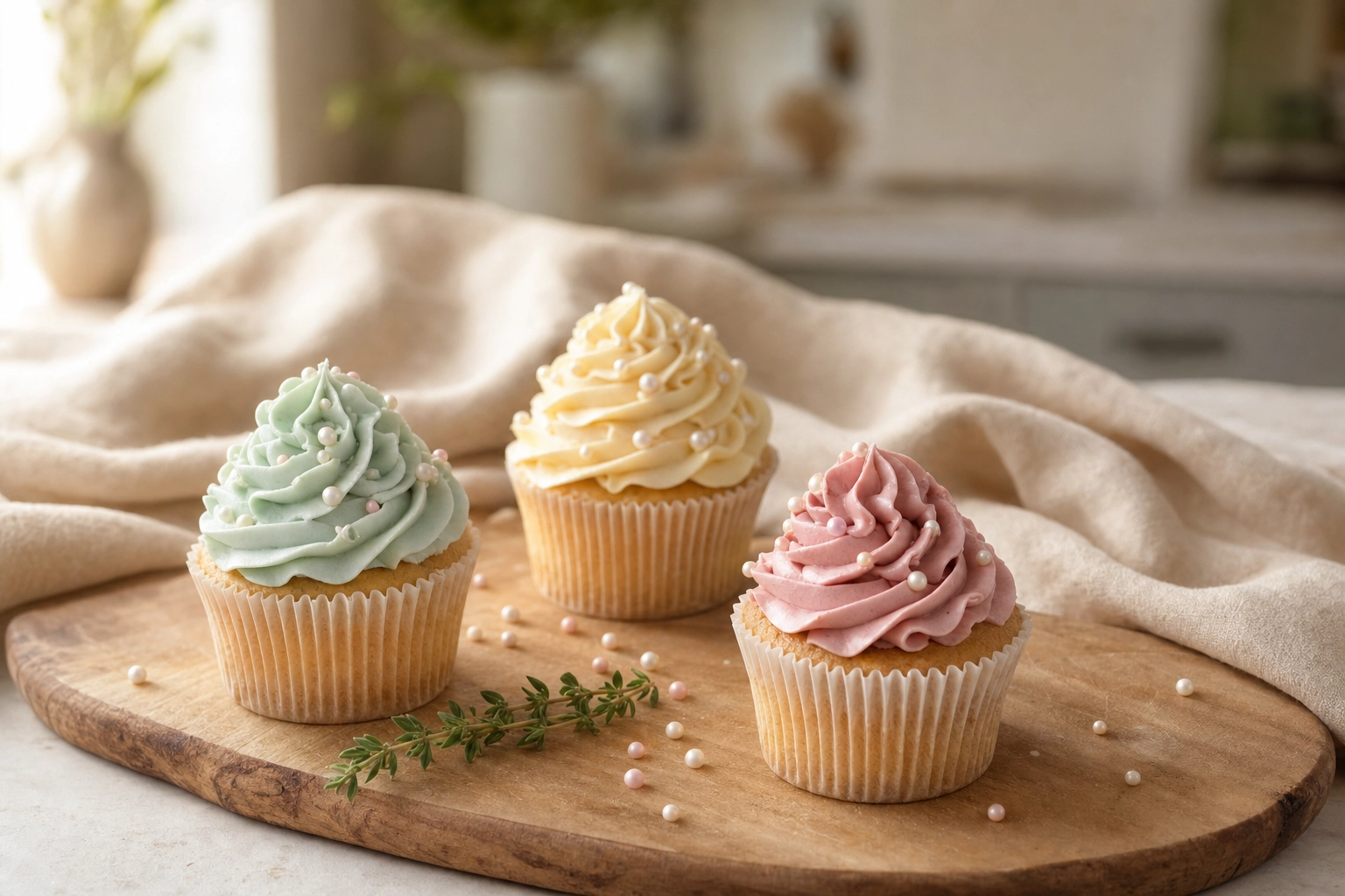 Cluster di tre cupcake pastello su un tagliere di legno disposti a triangolo con luce laterale dalla finestra