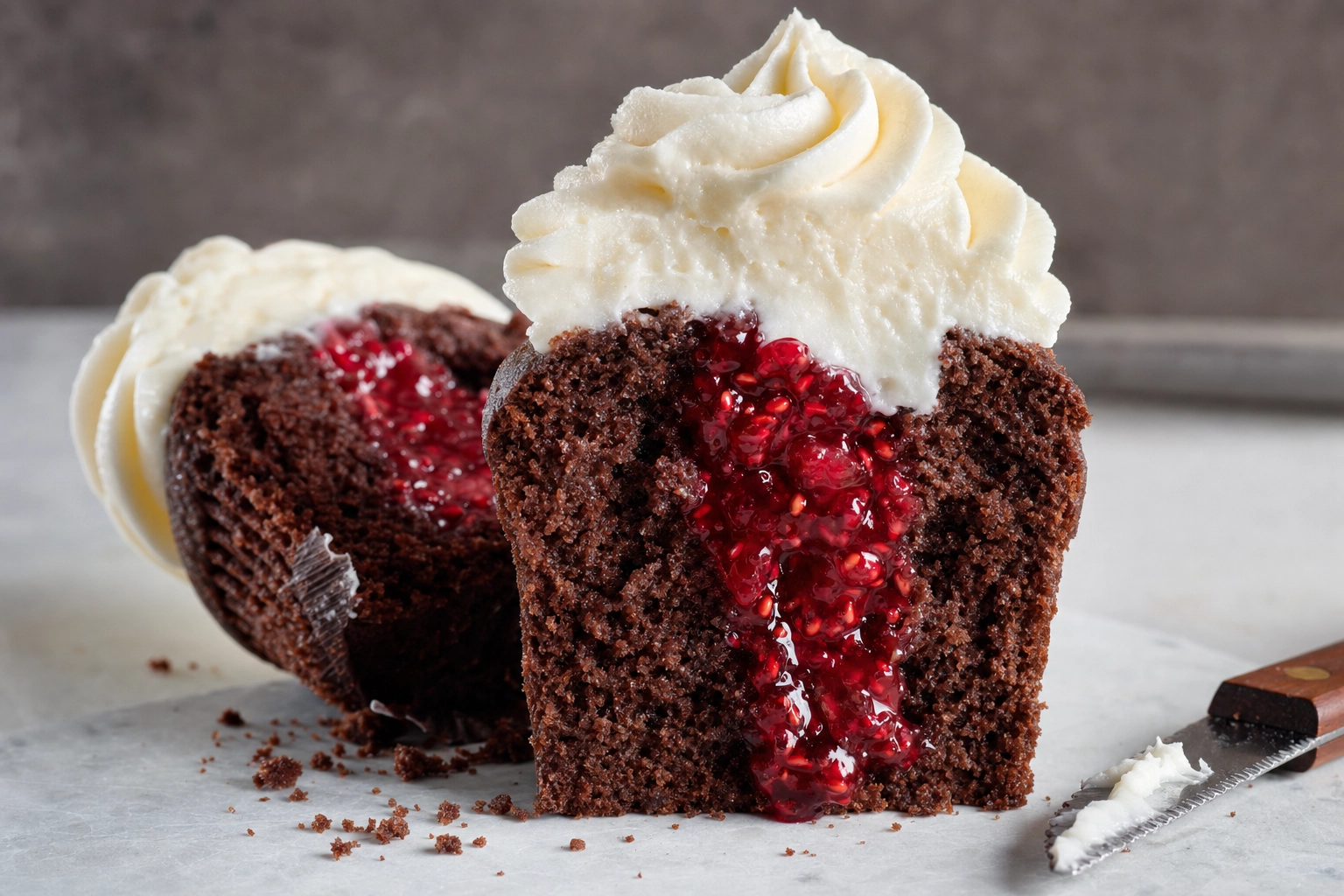 Scatto a livello degli occhi del morso in sezione di un cupcake al cioccolato con ripieno di marmellata di lamponi e frosting intatto