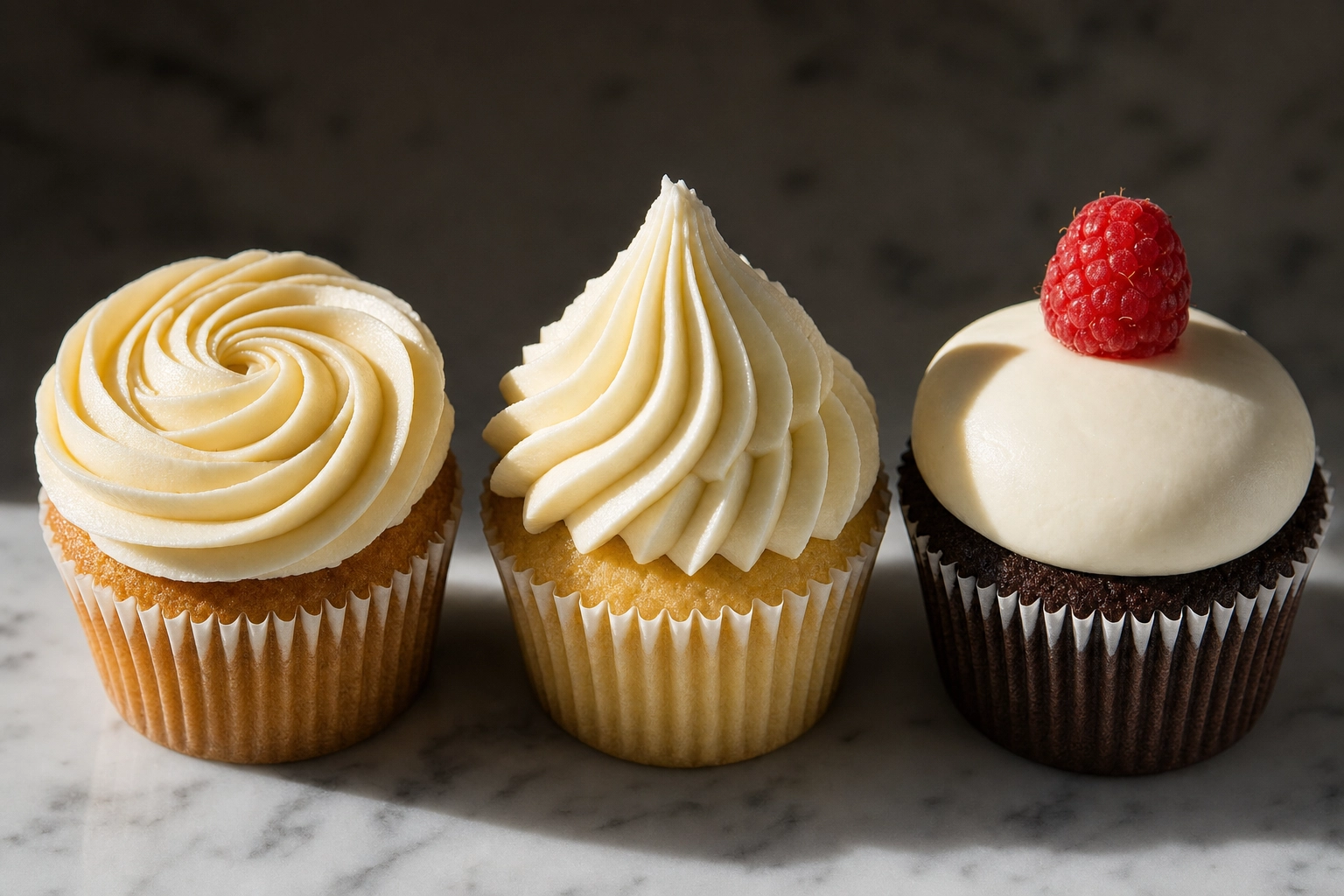 Tre tecniche di frosting per cupcake una accanto all'altra — rosetta, spirale a stella e cupola liscia con luce laterale