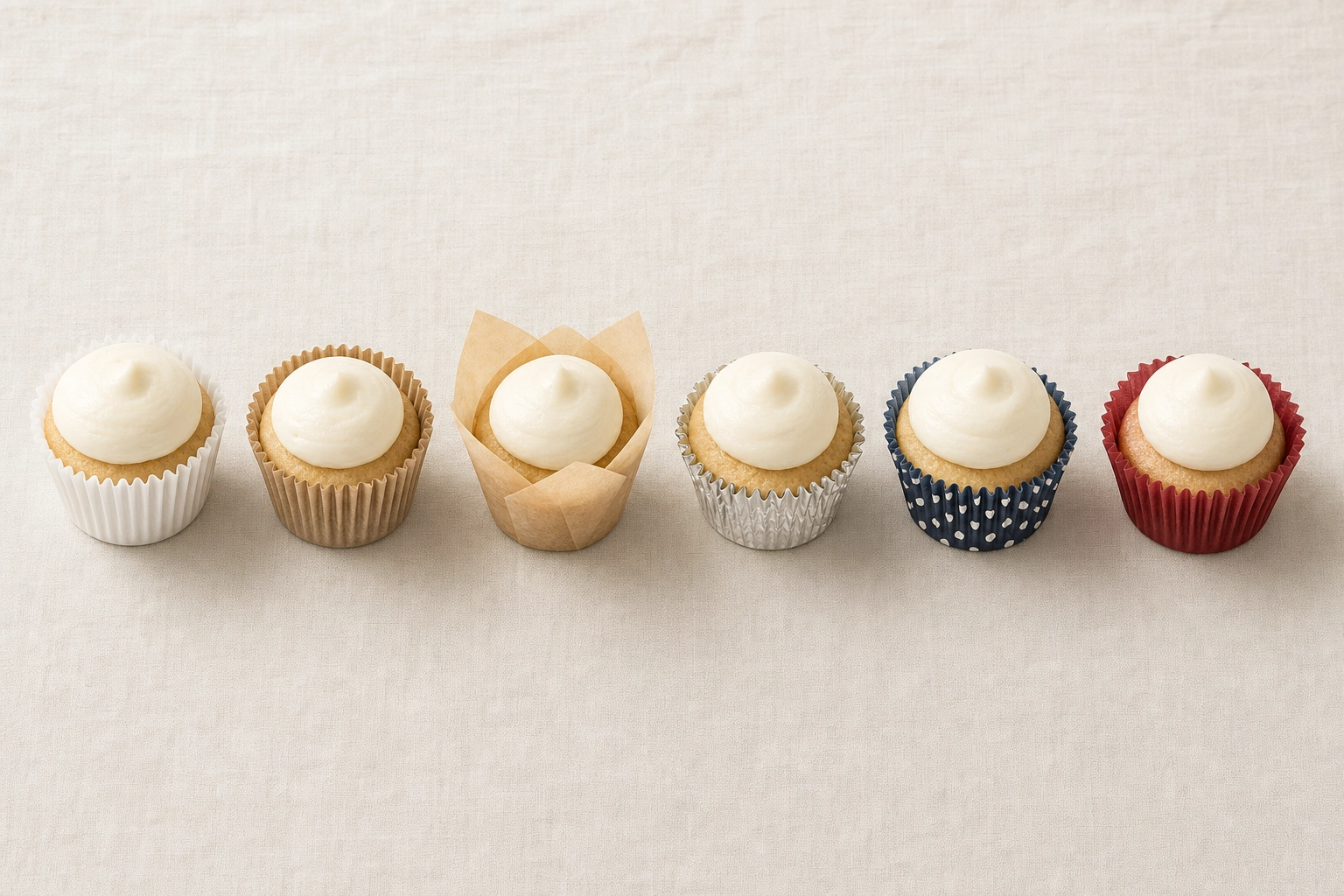 Sei diversi stili di pirottini per cupcake disposti in fila: bianco, kraft, tulip, alluminio, fantasia e antigrasso