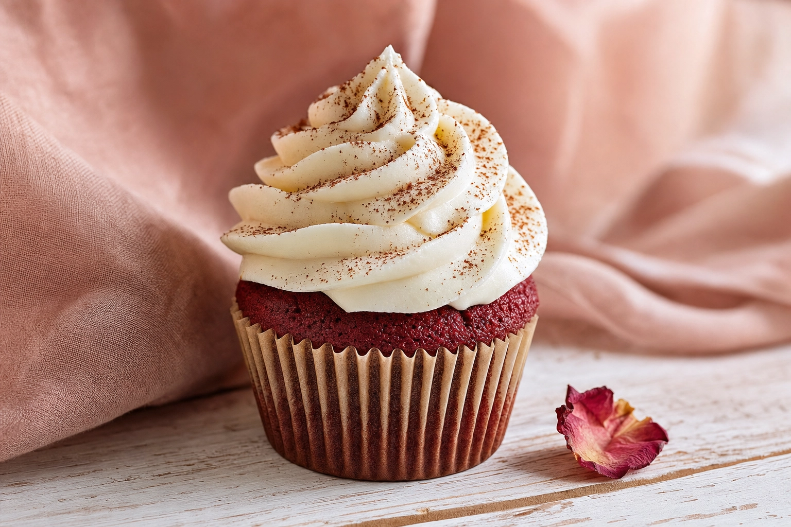 Cupcake red velvet con rosetta di crema di formaggio bianca e polvere di cacao su lino rosa cipria, fotografia gusto in stile