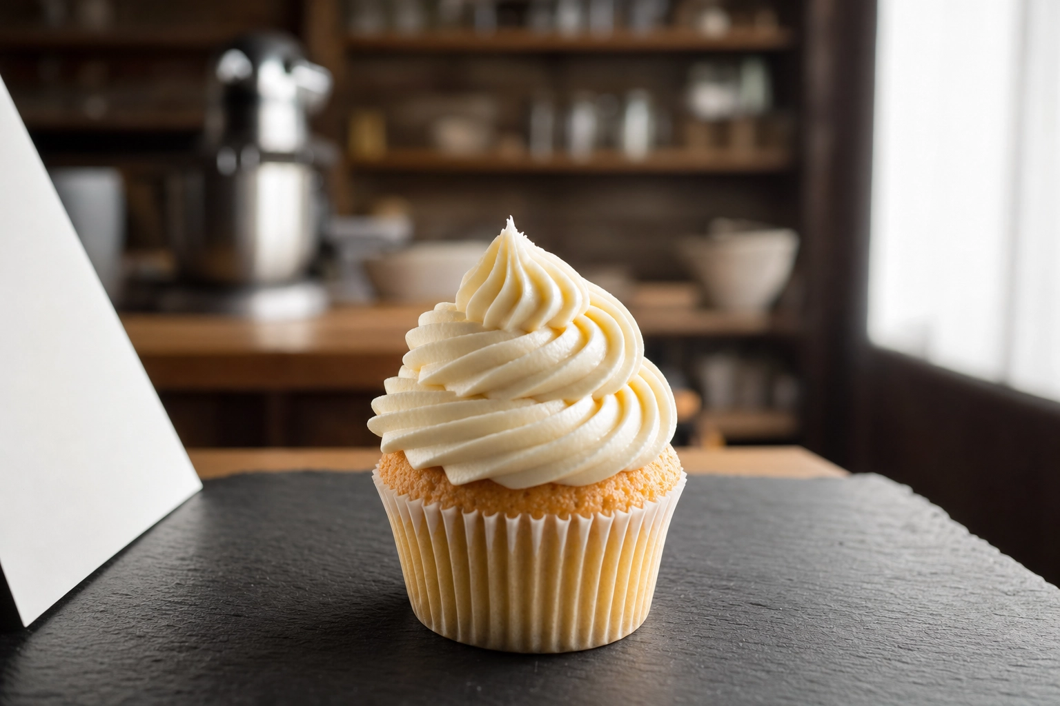 Setup di illuminazione laterale per cupcake con riflettore di cartoncino bianco che mostra le ombre drammatiche delle creste del frosting