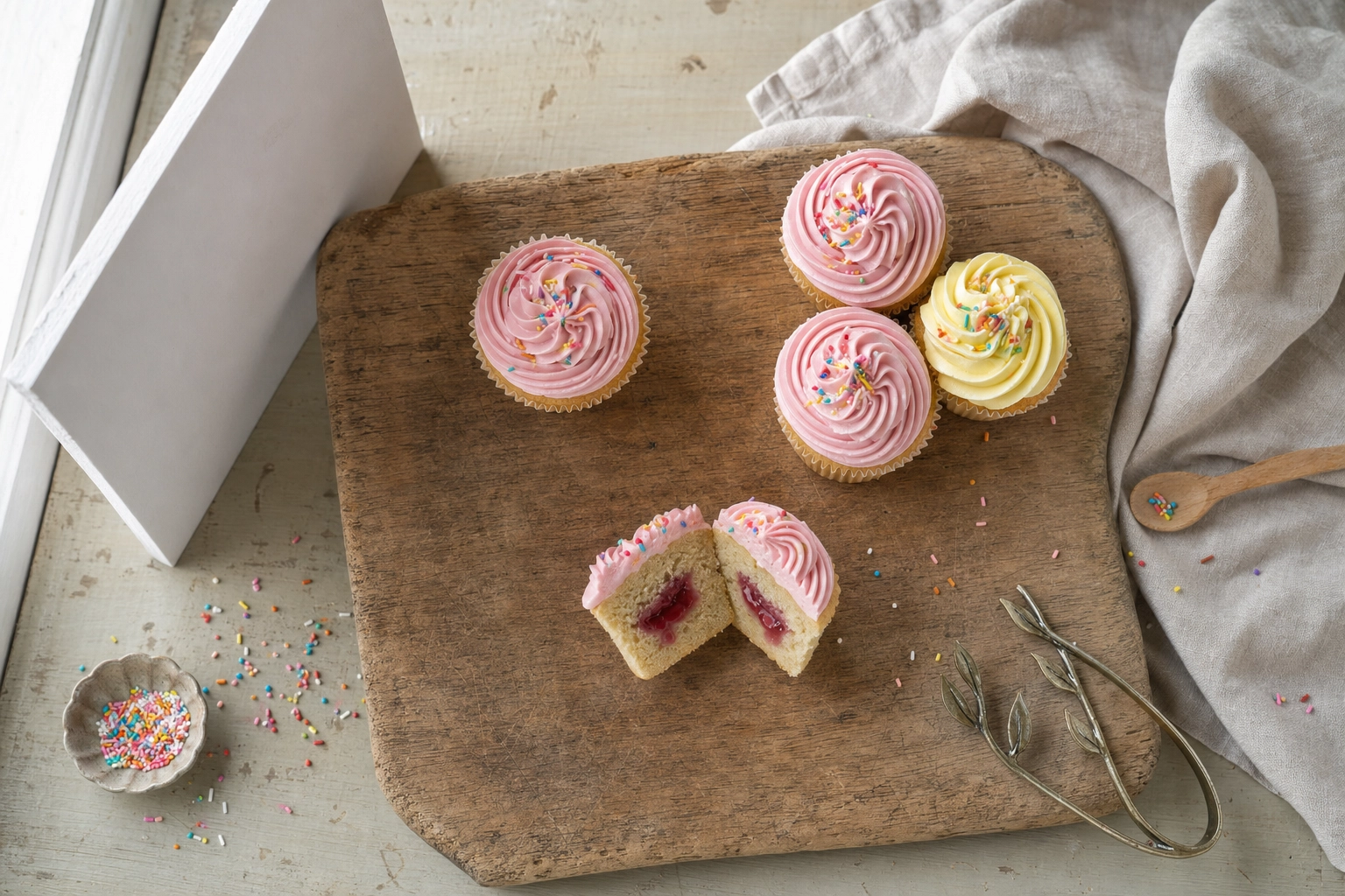 Tavolo di styling per shooting di cupcake con composizioni di eroe singolo, cluster e morso in sezione
