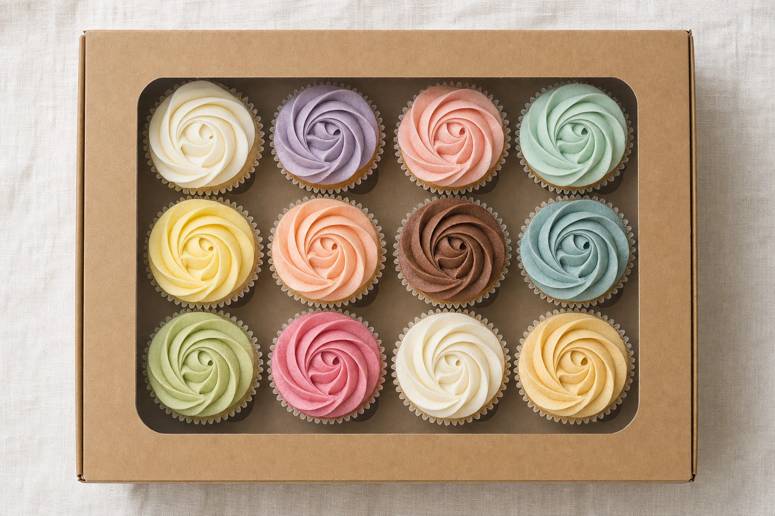 Flatlay zenitale dall'alto di una dozzina di cupcake pastello con rosette disposti in una scatola da pasticceria kraft