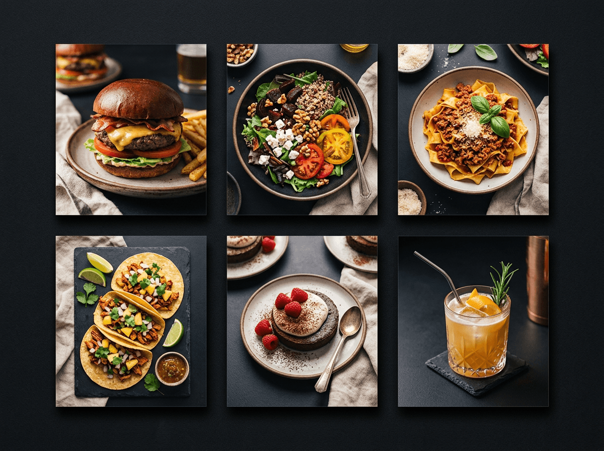 Grid enam gambar makanan profesional yang konsisten menunjukkan gaya seragam merentas menu restoran