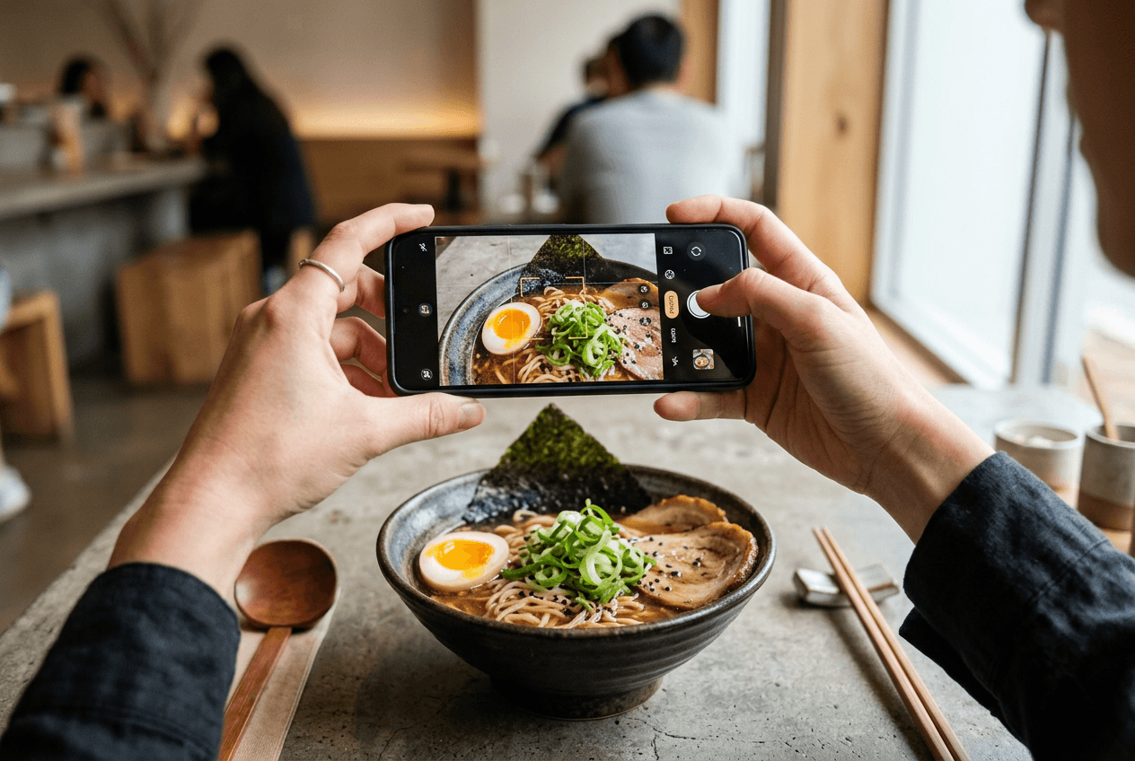 Telefon pintar menangkap foto makanan profesional hidangan ramen di meja restoran