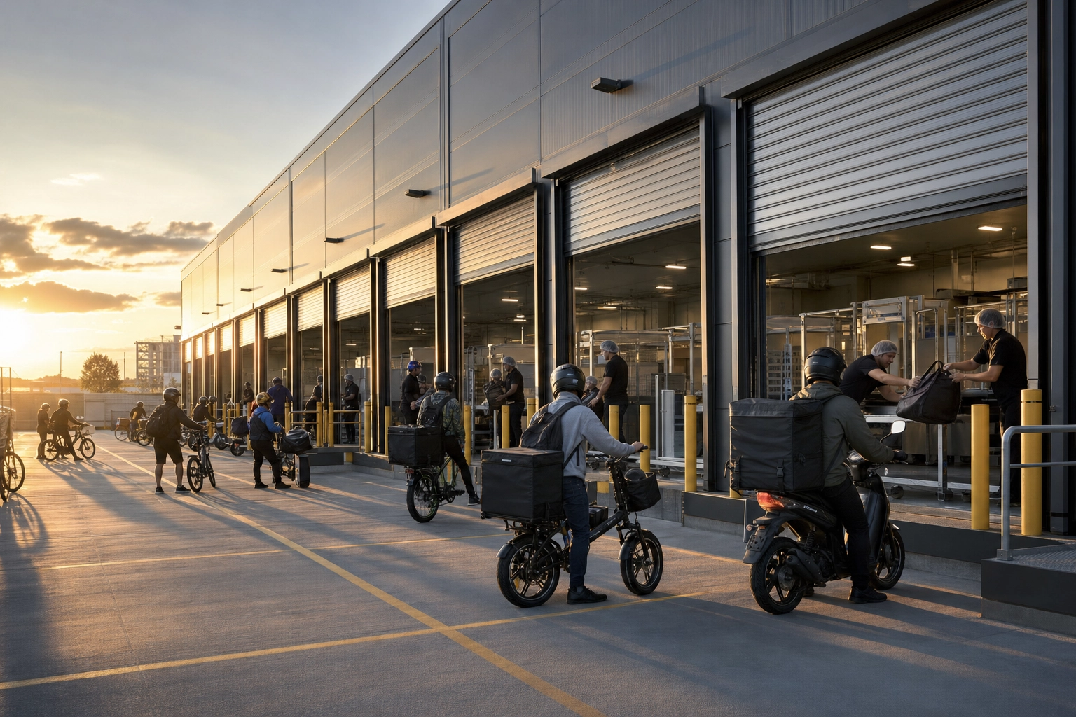 Exterior of aggregator-owned dark kitchen facility with couriers picking up sealed delivery orders from bay doors