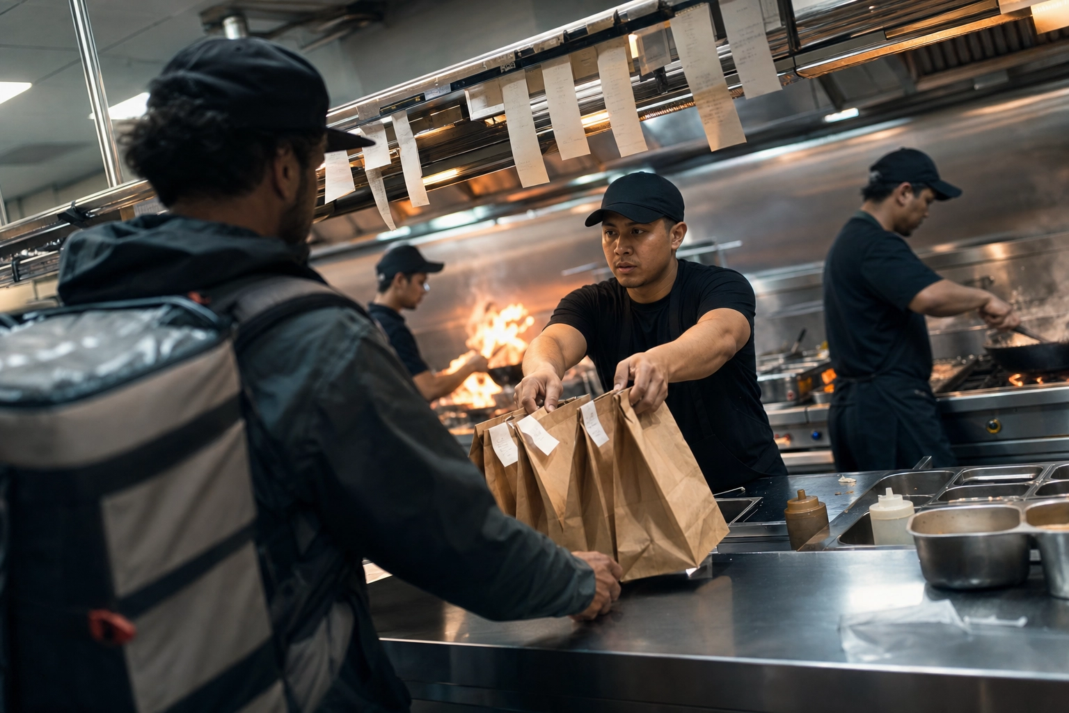 Delivery courier picking up multiple orders from busy cloud kitchen during peak service rush