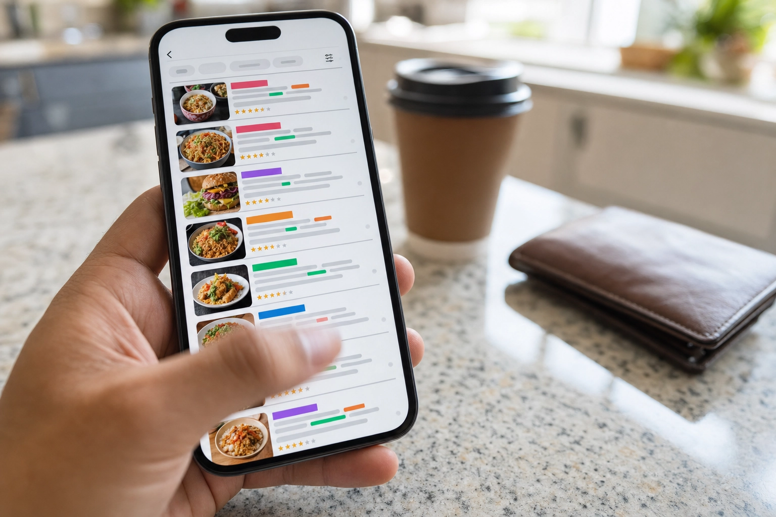 Customer scrolling crowded delivery app showing dozens of competing dark kitchen restaurant listings on smartphone