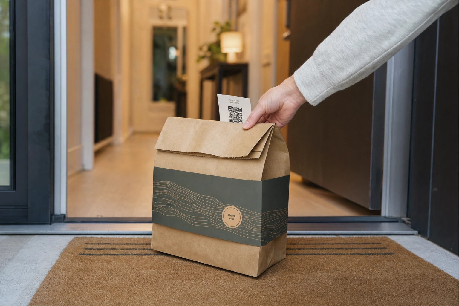 Branded dark kitchen takeout packaging arriving at customer doorstep emphasizing the unboxing brand moment
