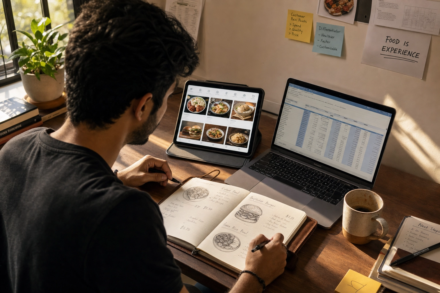 Food entrepreneur researching dark kitchen competitors and sketching menu concepts at a workspace with tablet and laptop