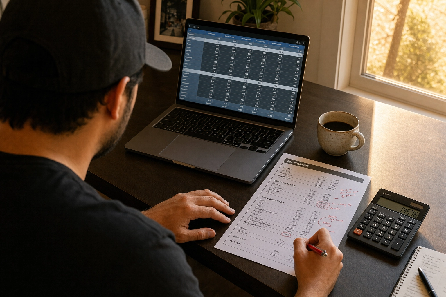Restaurant operator analyzing dark kitchen unit economics and break-even financial model on laptop with printed P&L