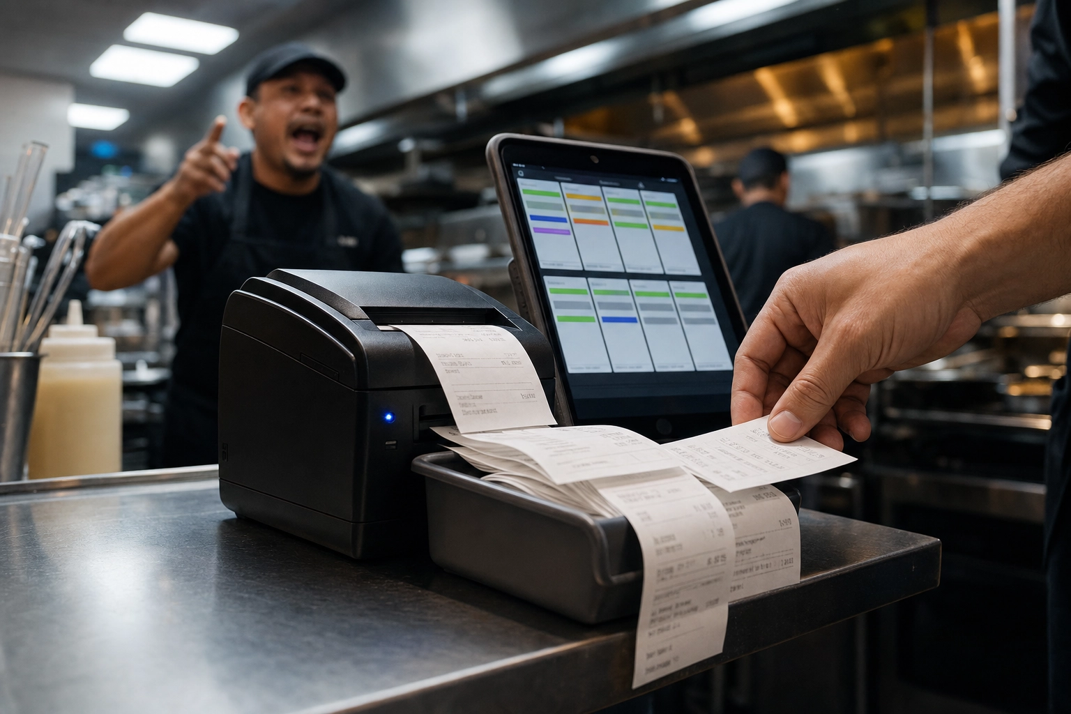 Order tickets printing rapidly during a dark kitchen launch as cooks grab incoming orders