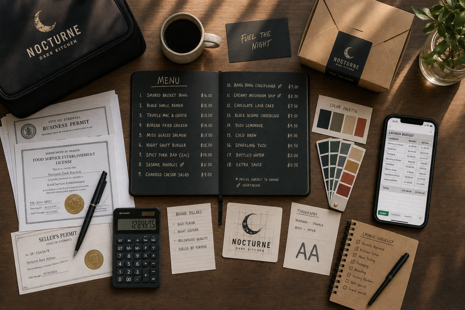 Flat-lay of dark kitchen launch planning materials including menu sketches permits packaging and brand swatches
