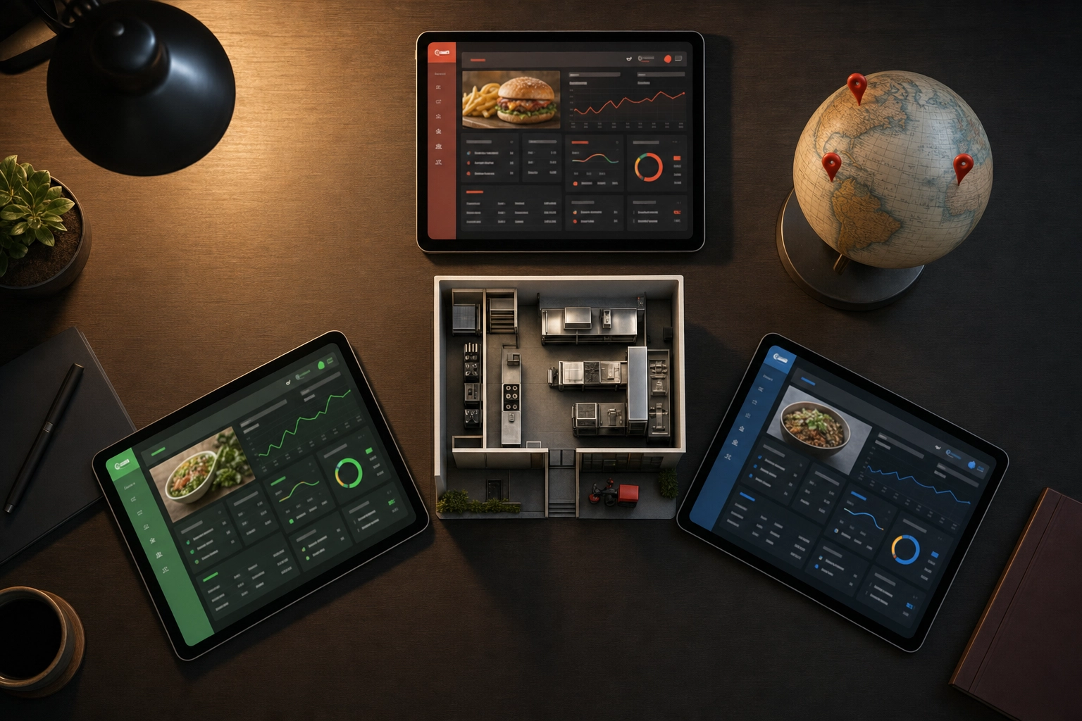 Conceptual overhead view of dark kitchen multi-brand and multi-city scalability with three branded delivery app dashboards