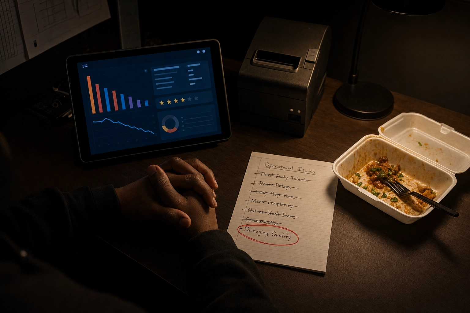 Dark kitchen operator reviewing performance data and operational issues at a late-night office table