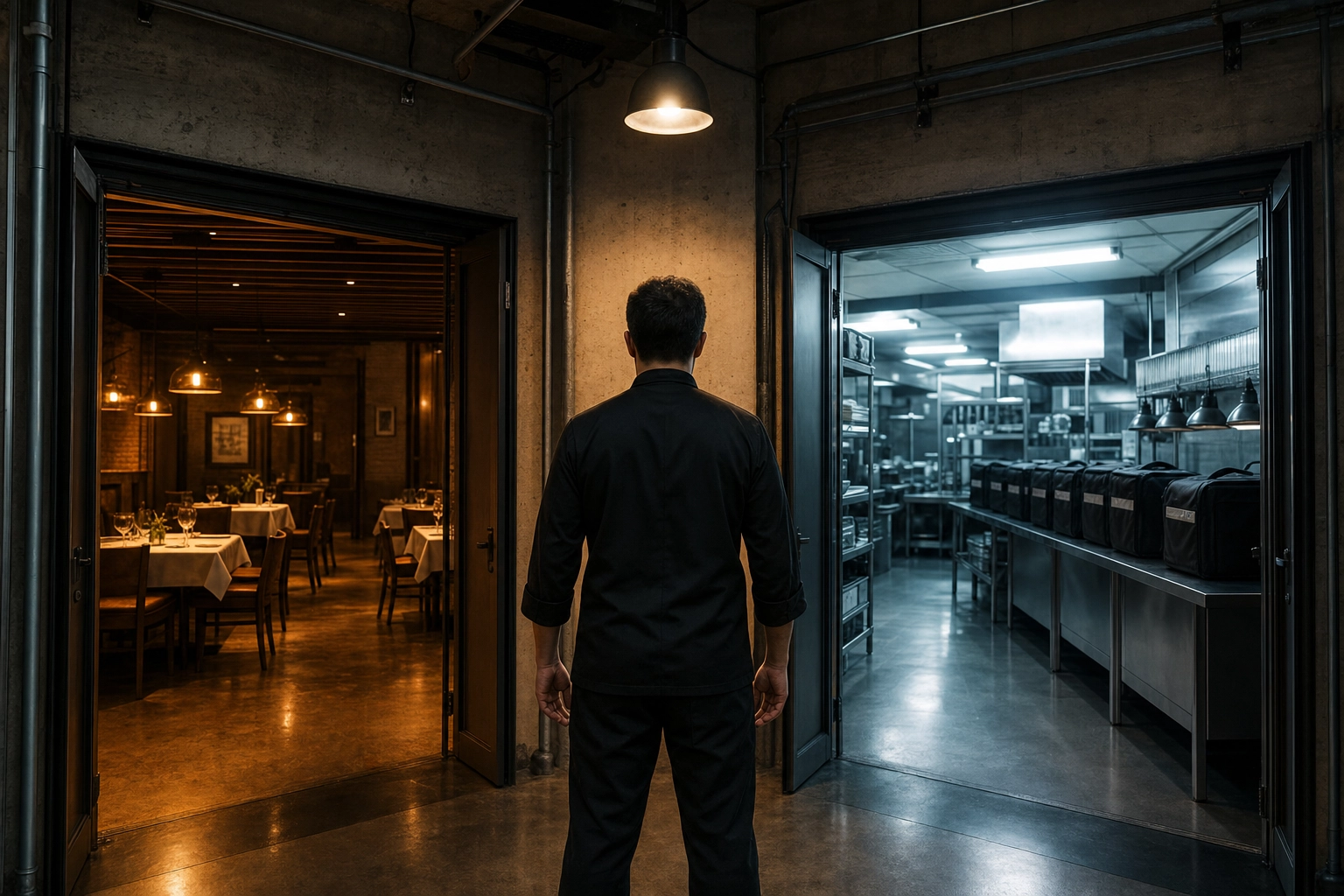 Chef entrepreneur deciding between traditional restaurant and dark kitchen business models at a corridor with two doorways