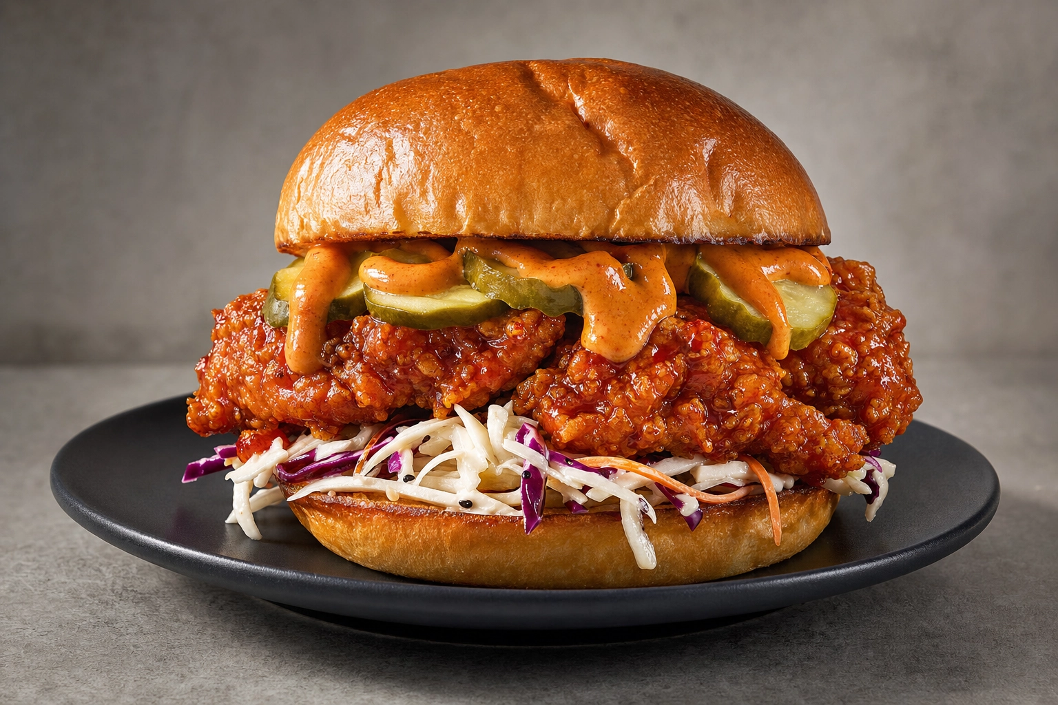 Professional Korean fried chicken sandwich photographed in delivery-app-optimized style with clean background and directional lighting