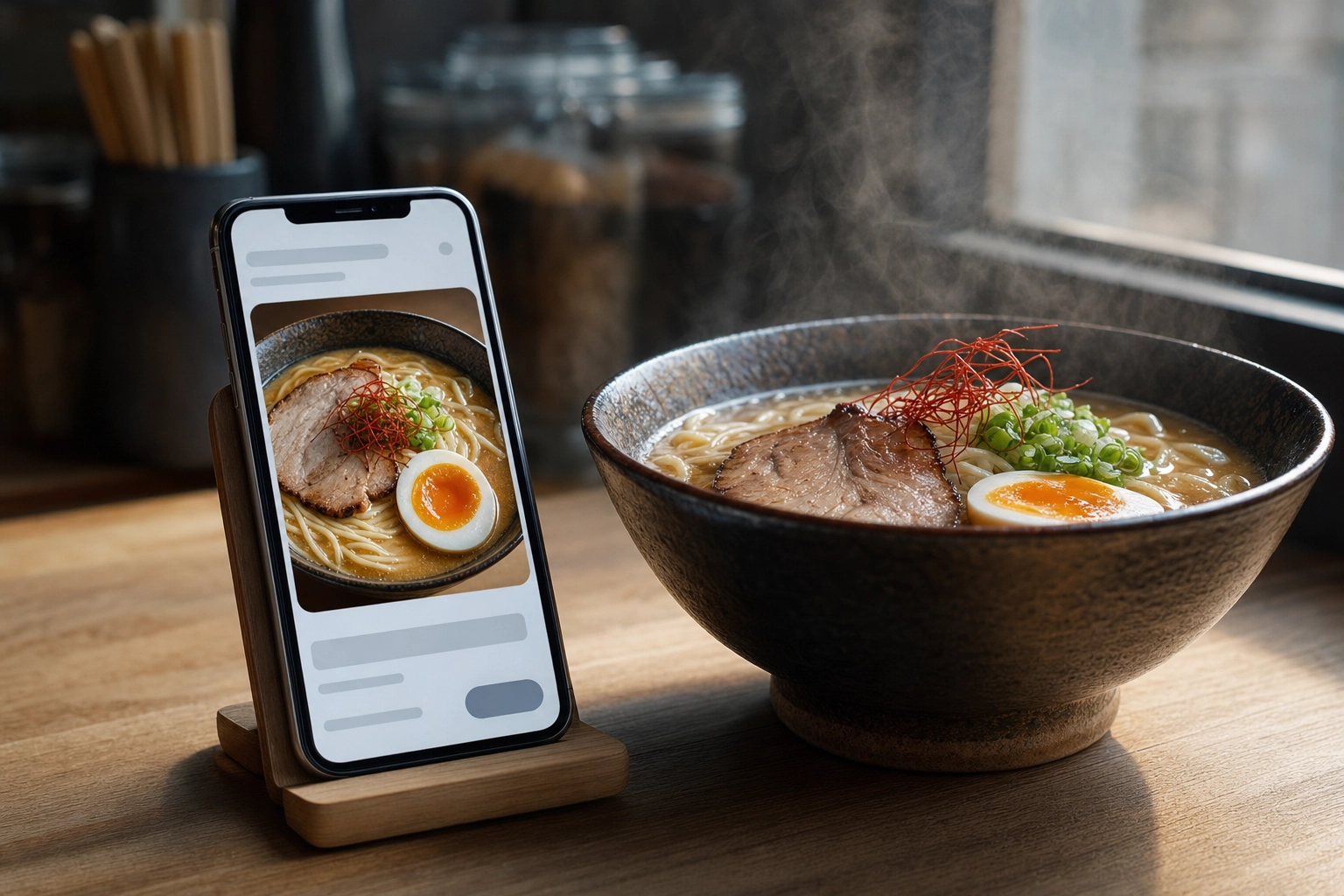 Smartphone showing delivery app dish photo next to actual prepared ramen bowl illustrating the photo-to-reality moment