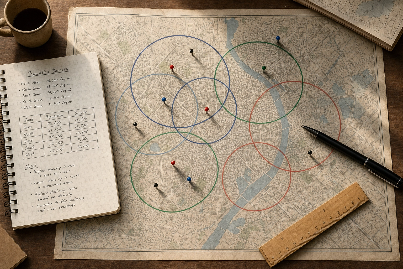 Hand-drawn delivery radius analysis on a city map with competitor markers for dark kitchen location strategy