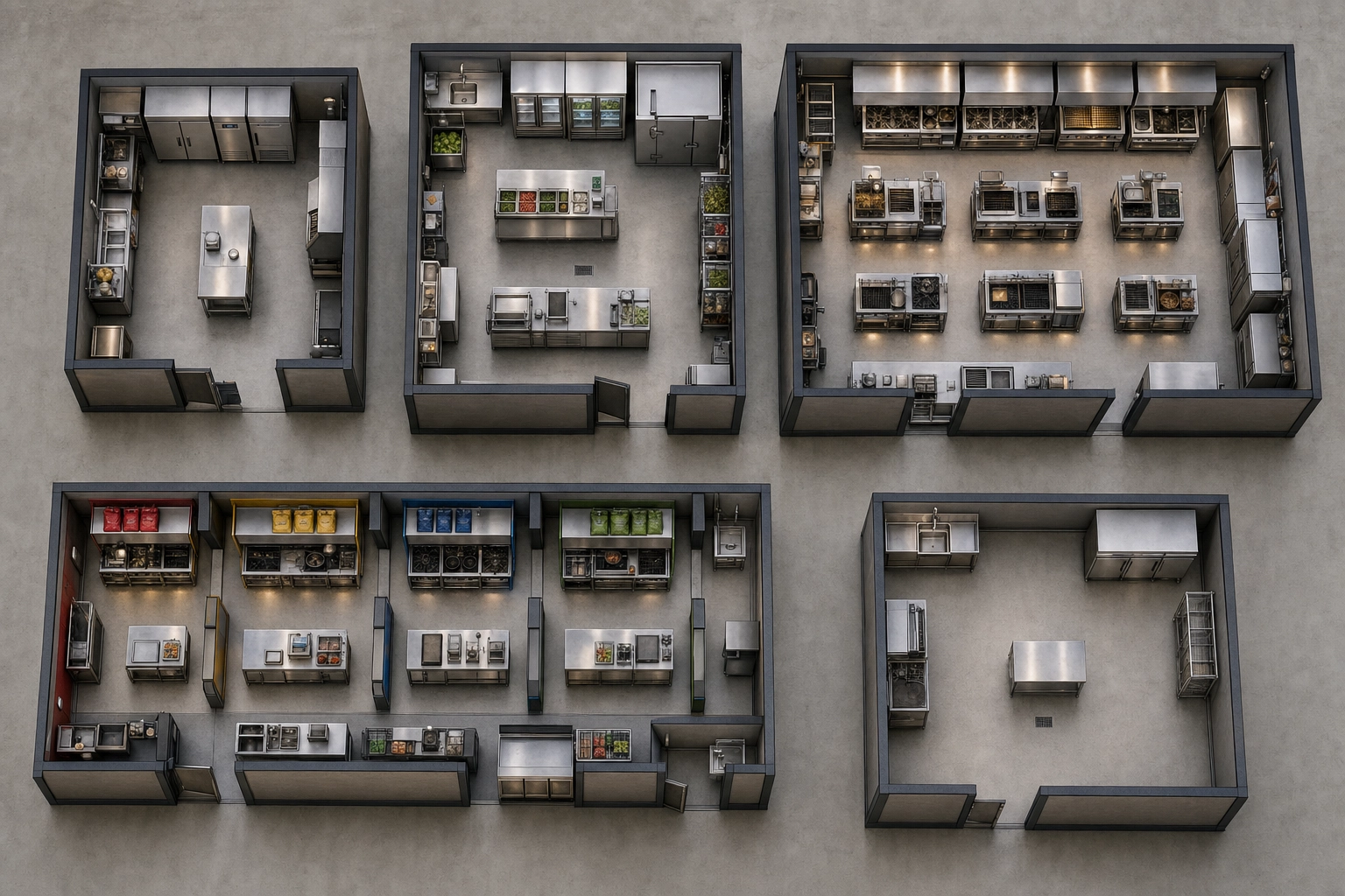 Overhead architectural visualization of five different dark kitchen operational models laid out as modular units