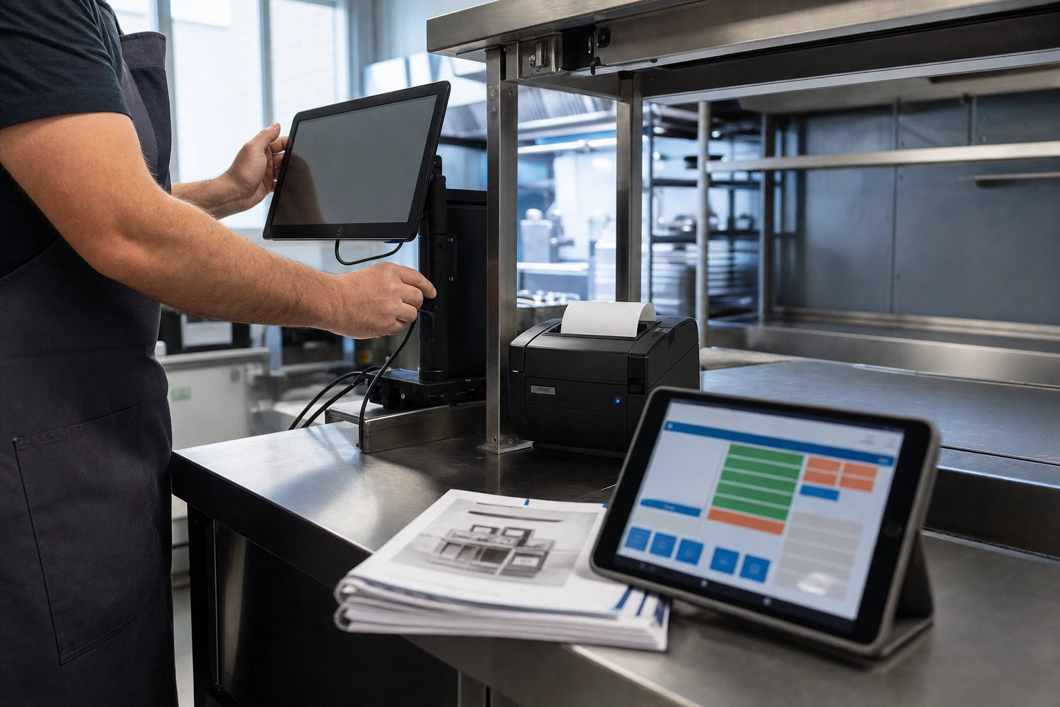 Operator setting up kitchen display system and POS technology in a new Kitchen-as-a-Service unit