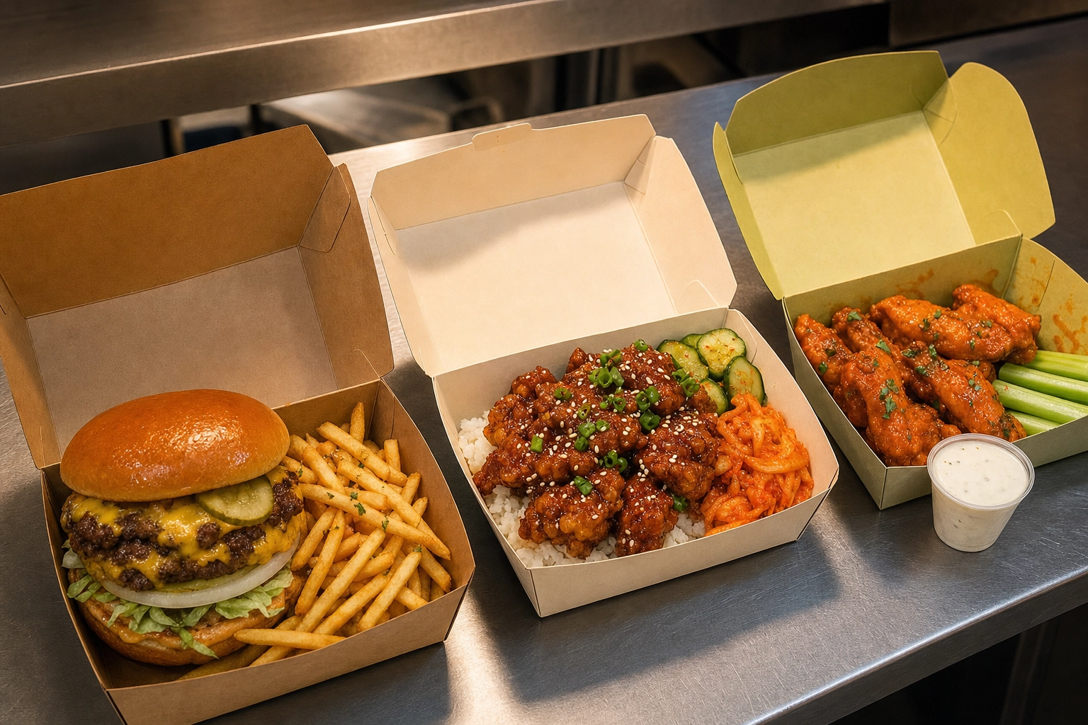 Three different cuisines plated for separate virtual brands operated from one multi-brand cloud kitchen
