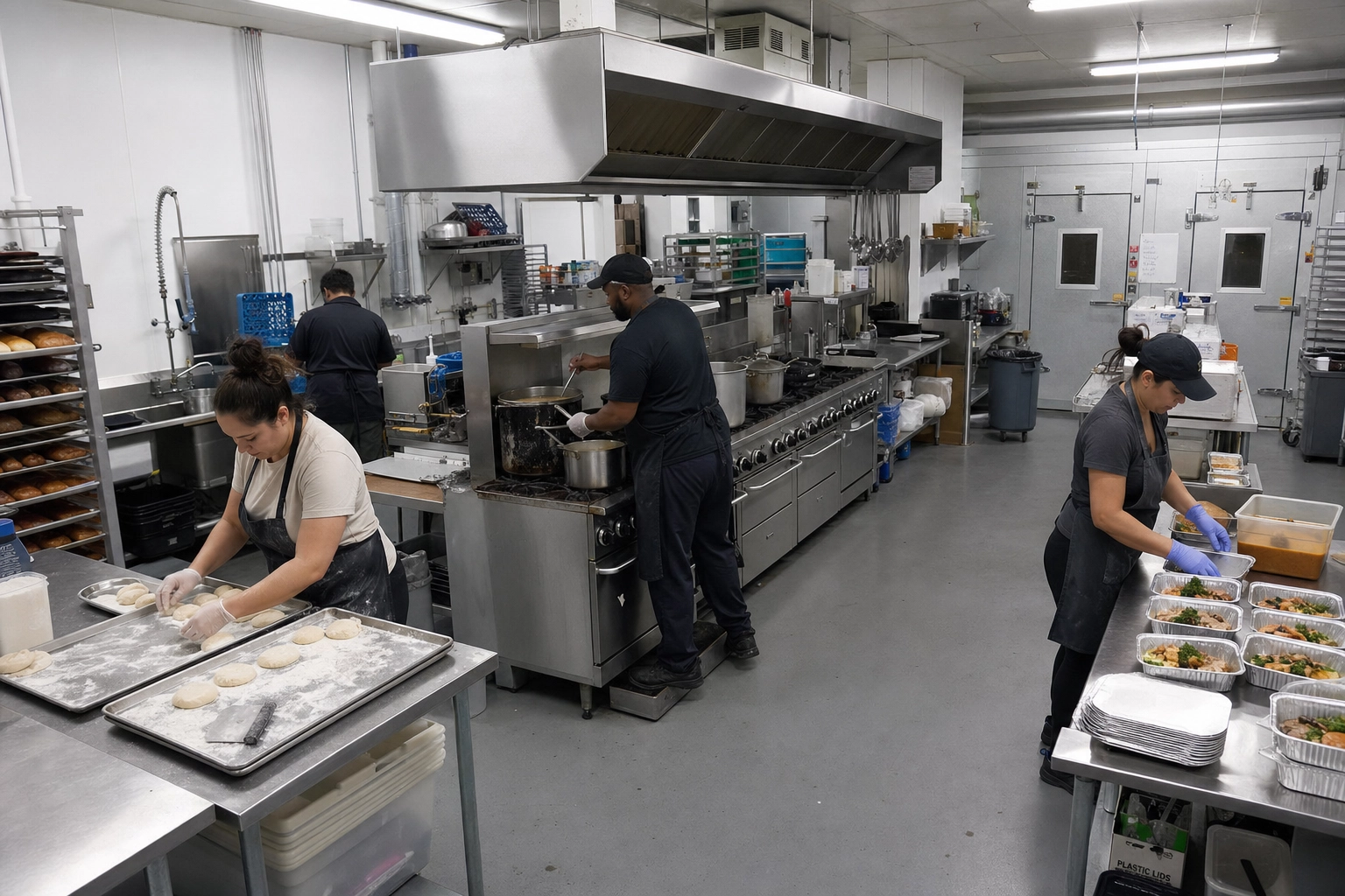 Shared commissary kitchen with multiple food businesses operating in parallel at separate stainless steel benches