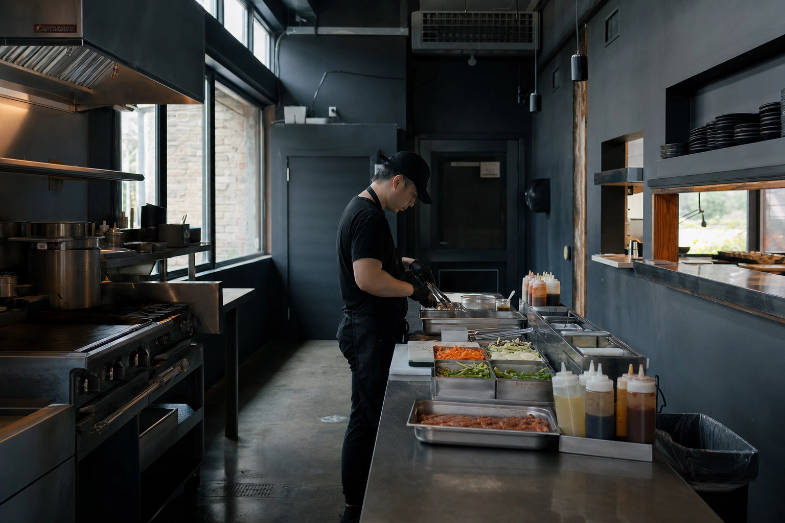 Single chef preparing ingredients alone in a focused small single-brand dark kitchen operation