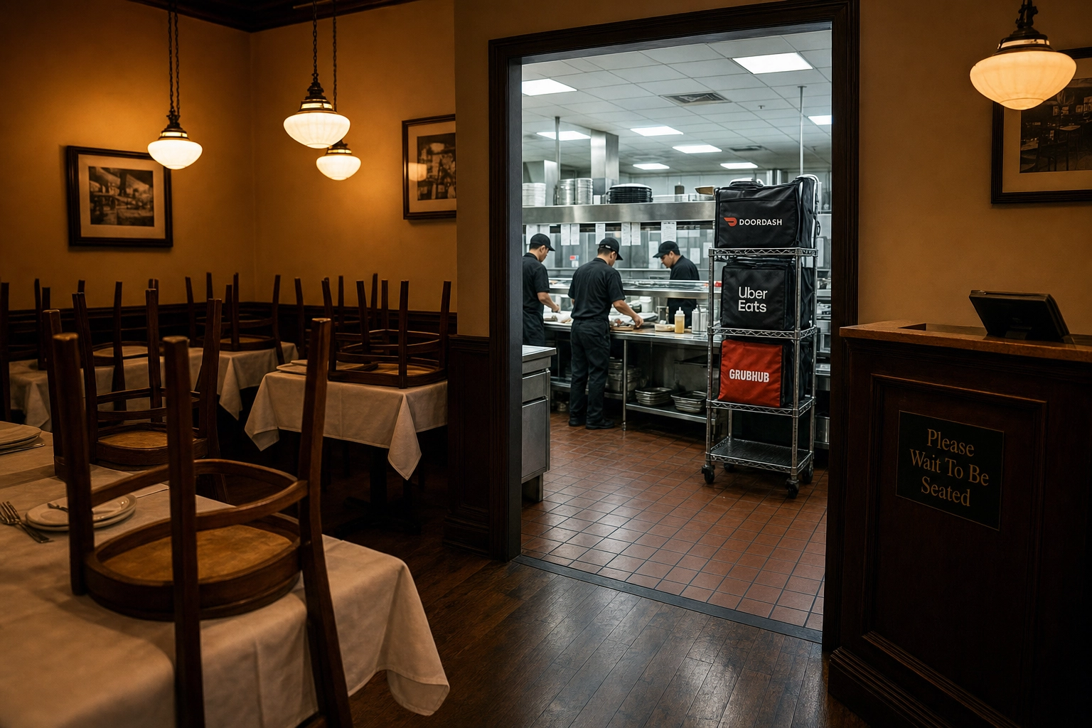 Empty traditional restaurant dining room contrasted with active commercial kitchen working delivery orders behind it