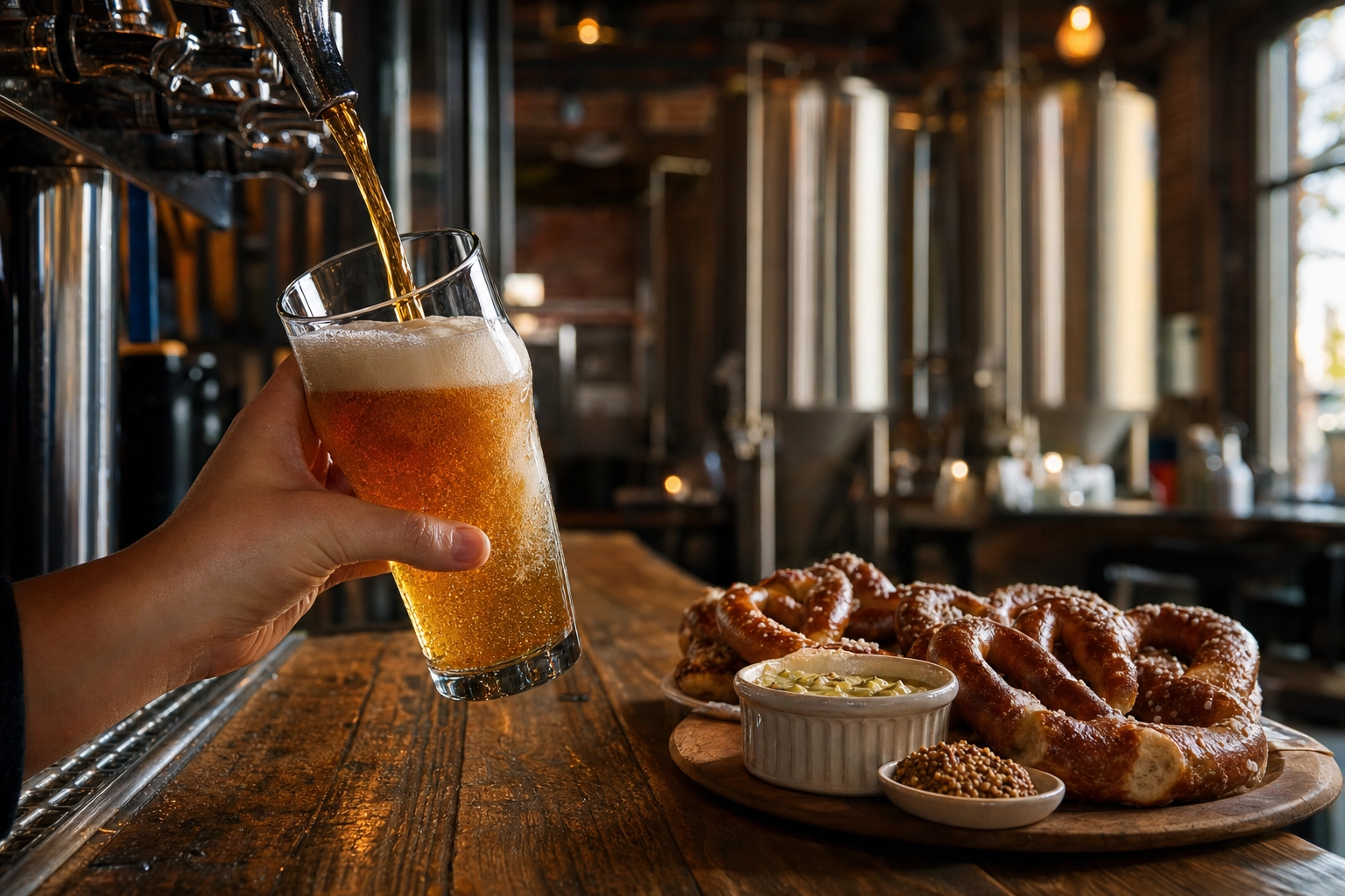 Golden IPA pour with foam beside a shared pretzel and green-chile queso board in a moody Denver RiNo taproom