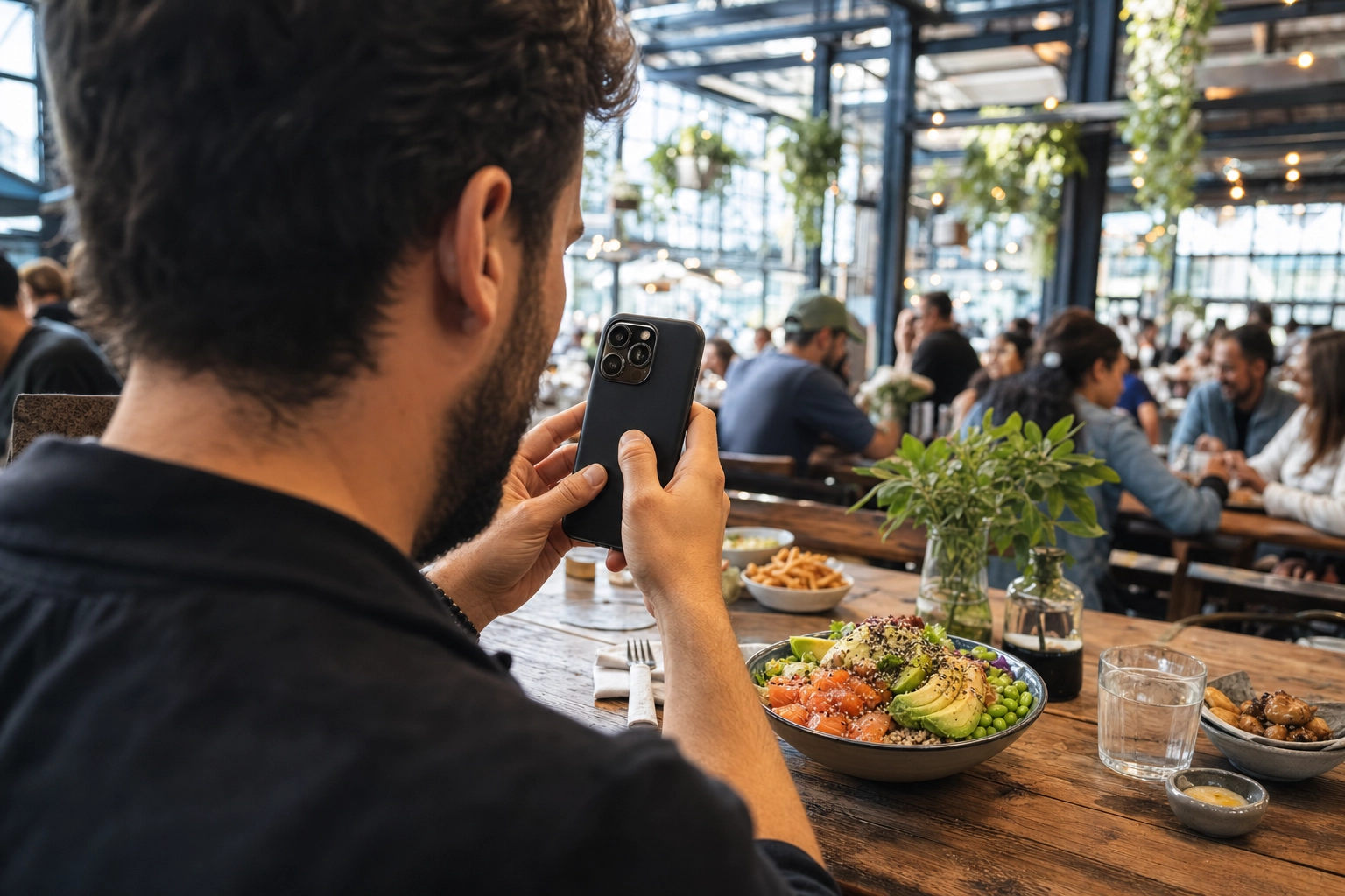 Hands holding a smartphone to photograph a colorful poke bowl on a communal table in a bright Denver food hall