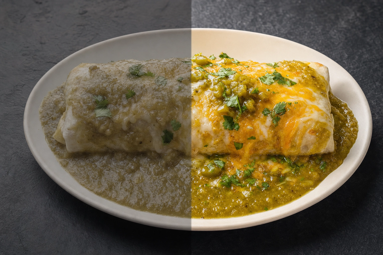 Same green-chile burrito shown dull on the left and bright studio-enhanced on the right, an AI food photo before and after concept