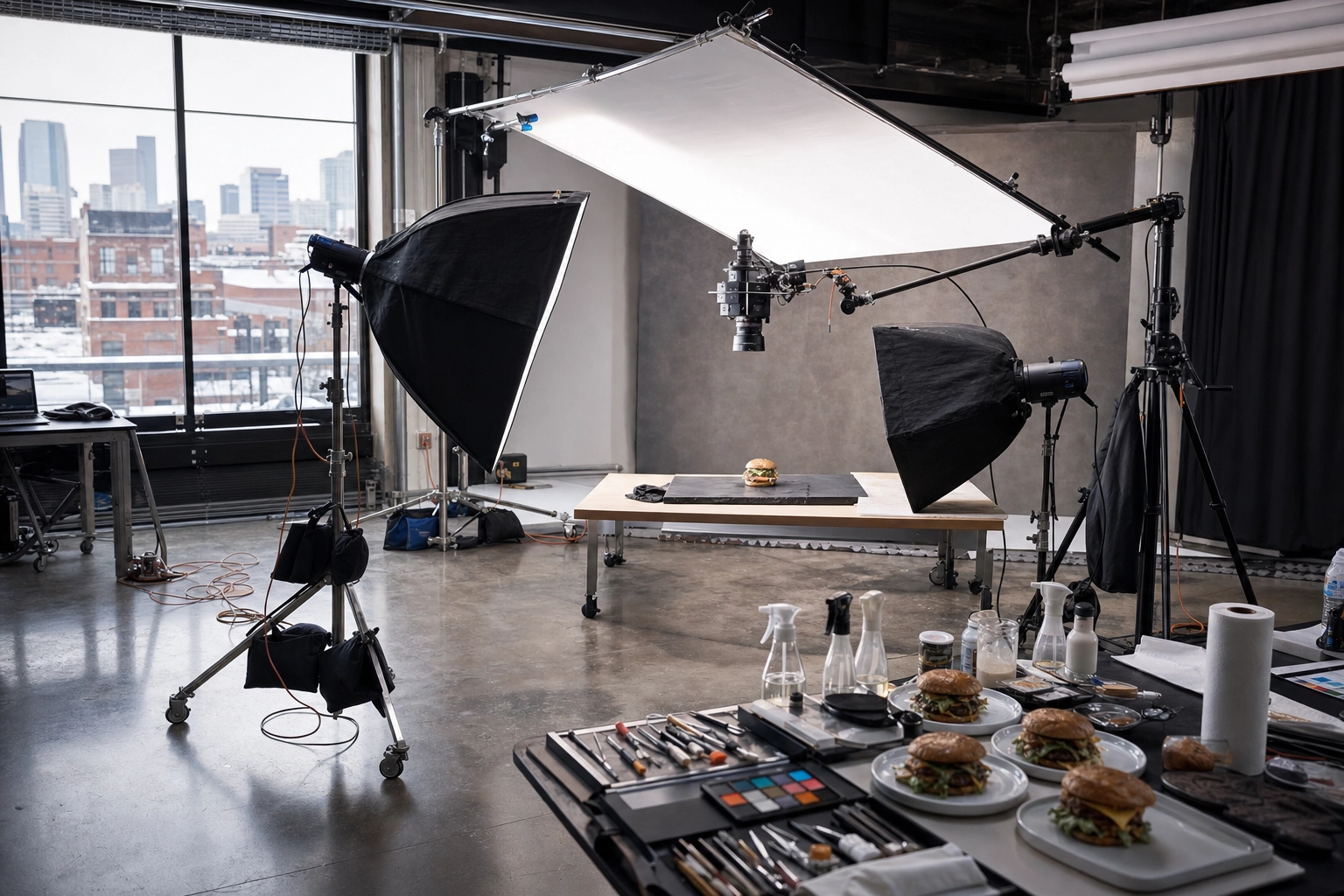 Elaborate food photography studio set with softboxes, C-stands, stylist tools and duplicate plates showing the cost of a pro shoot