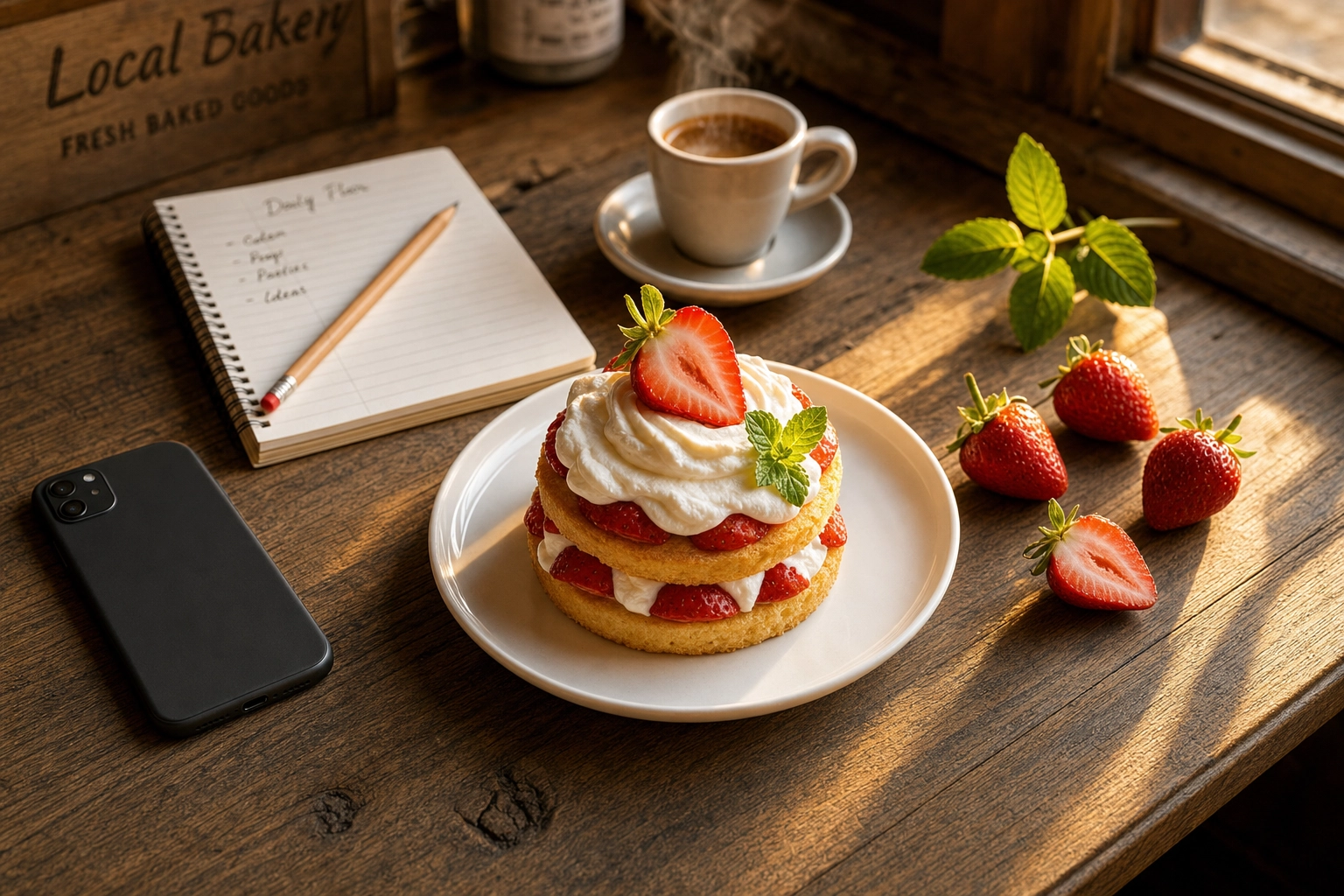 Bakery countertop workflow scene with strawberry shortcake, smartphone, and notebook in warm window light — small-business dessert content creation