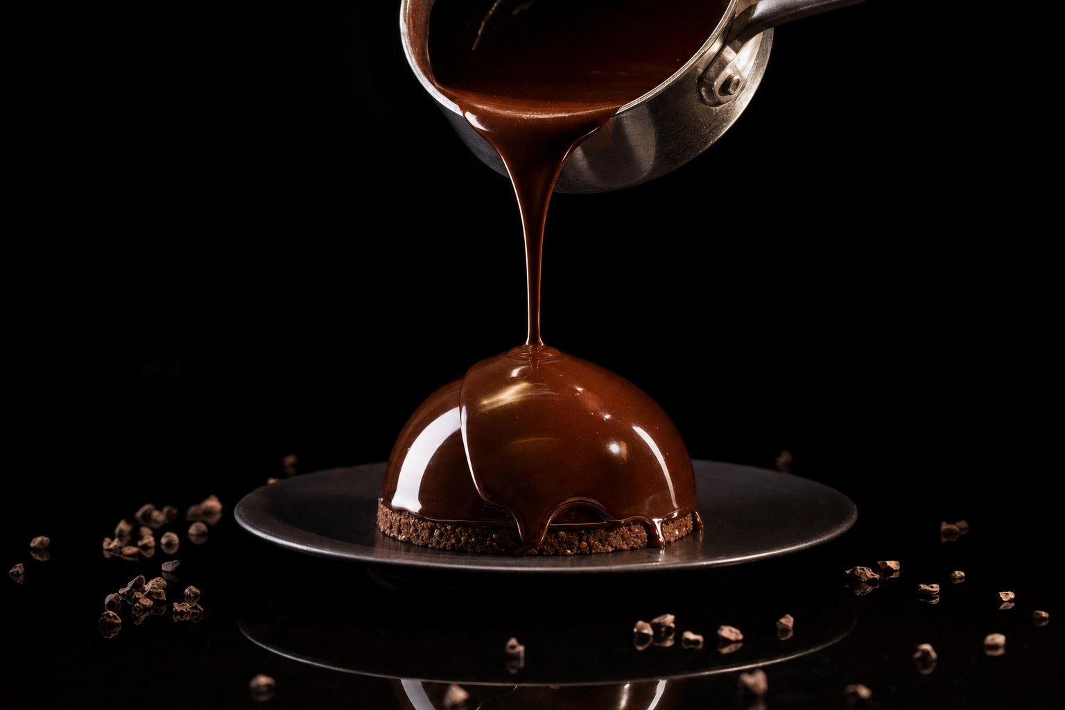 Glossy dark chocolate ganache pouring mid-action over mousse dome on black plexiglass — chocolate photography demonstrating specular highlights