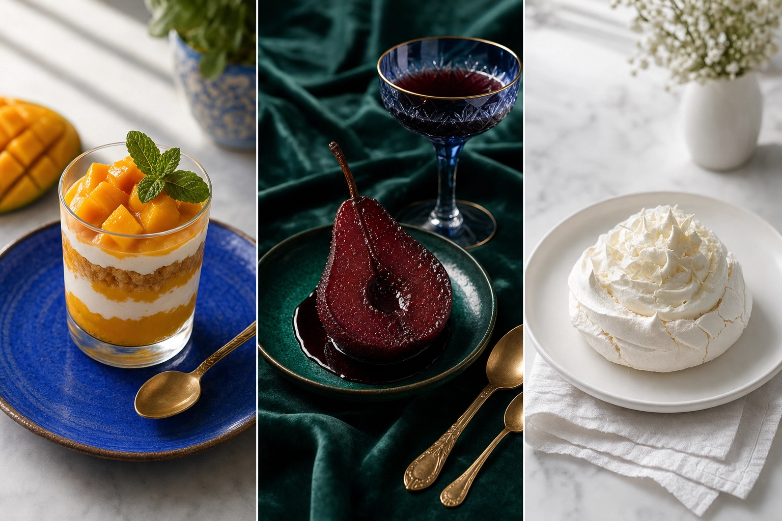 Three dessert color palette examples — orange-blue complementary, burgundy jewel tones, all-white monochrome compositions