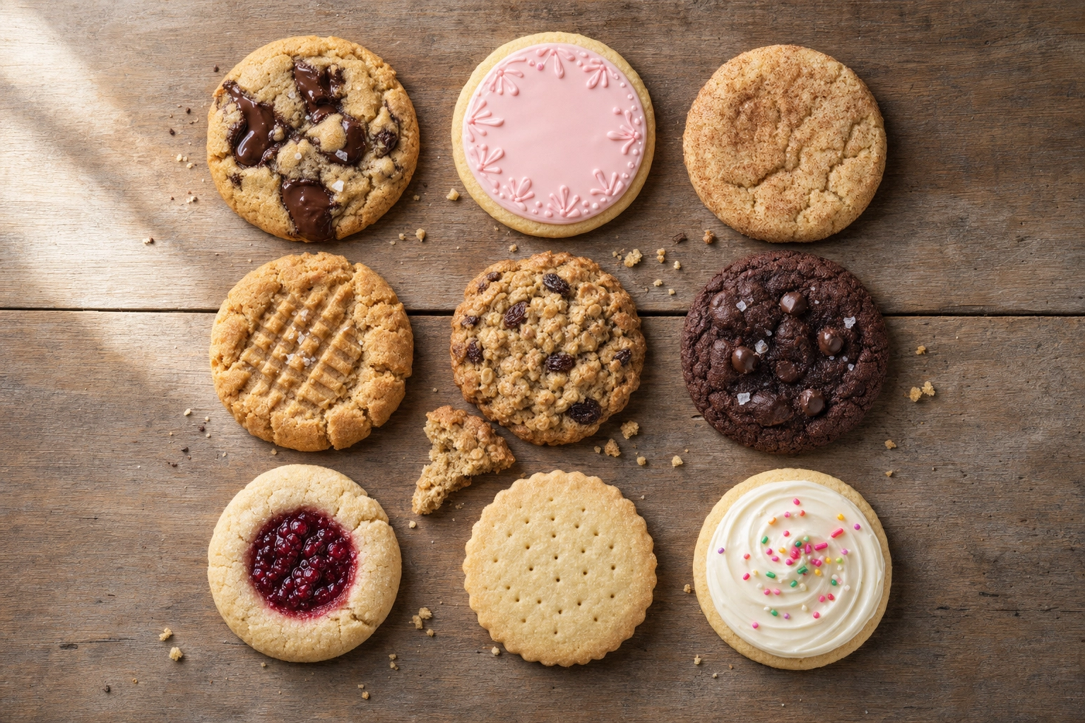 Overhead flat lay of nine assorted homemade cookies in a 3x3 grid on weathered wood — cookie photography composition demonstration