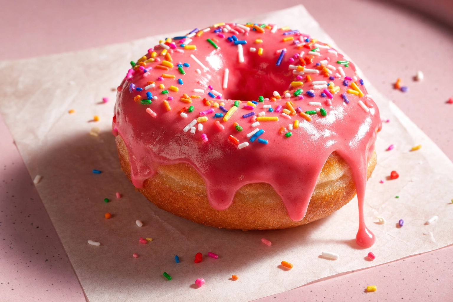 Strawberry glazed donut with mid-drip pink glaze and rainbow sprinkles at 45-degree angle — donut hero shot demonstration