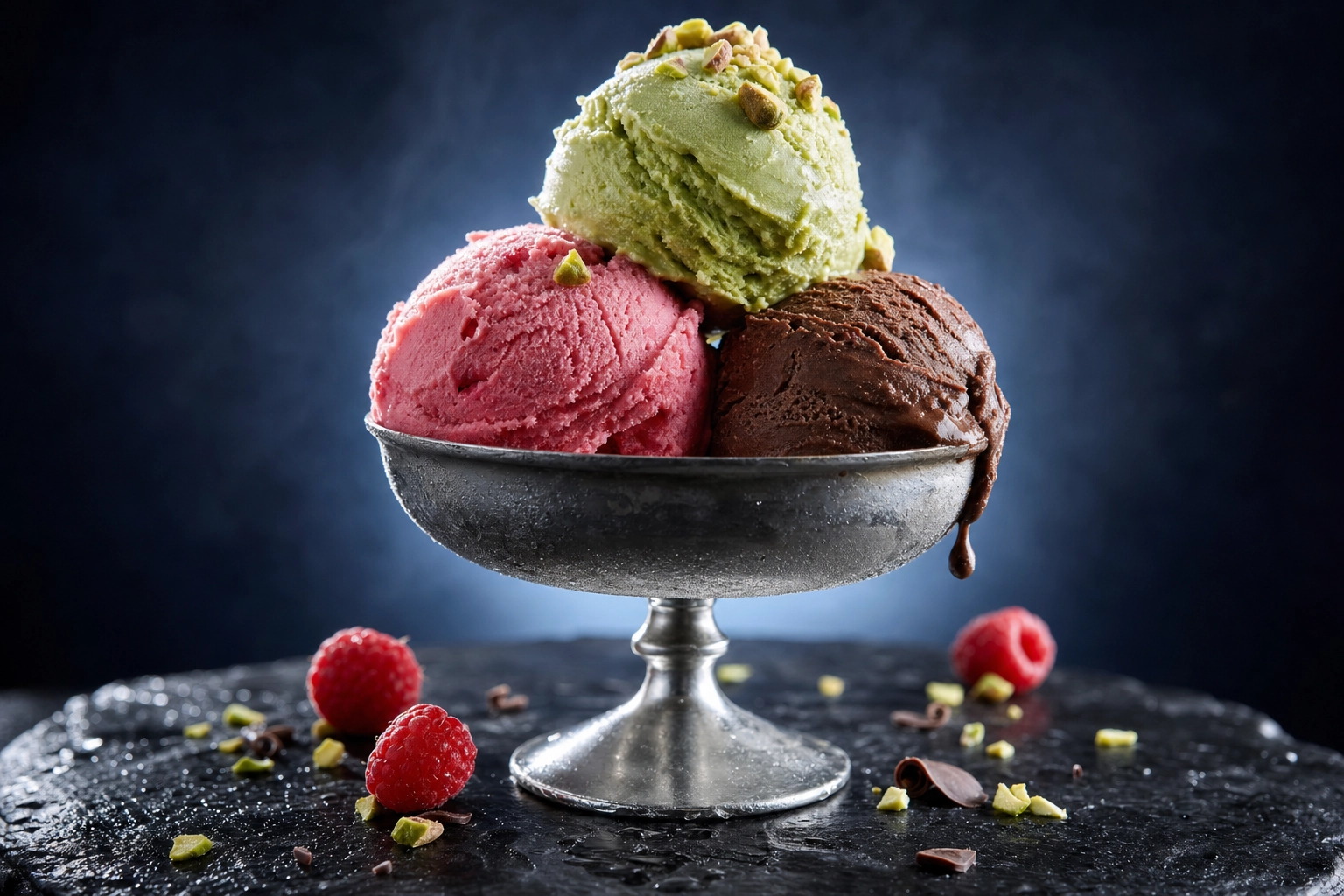 Three scoops of artisan gelato in vintage coupe with backlight revealing first melt drip — ice cream photography timing demonstration
